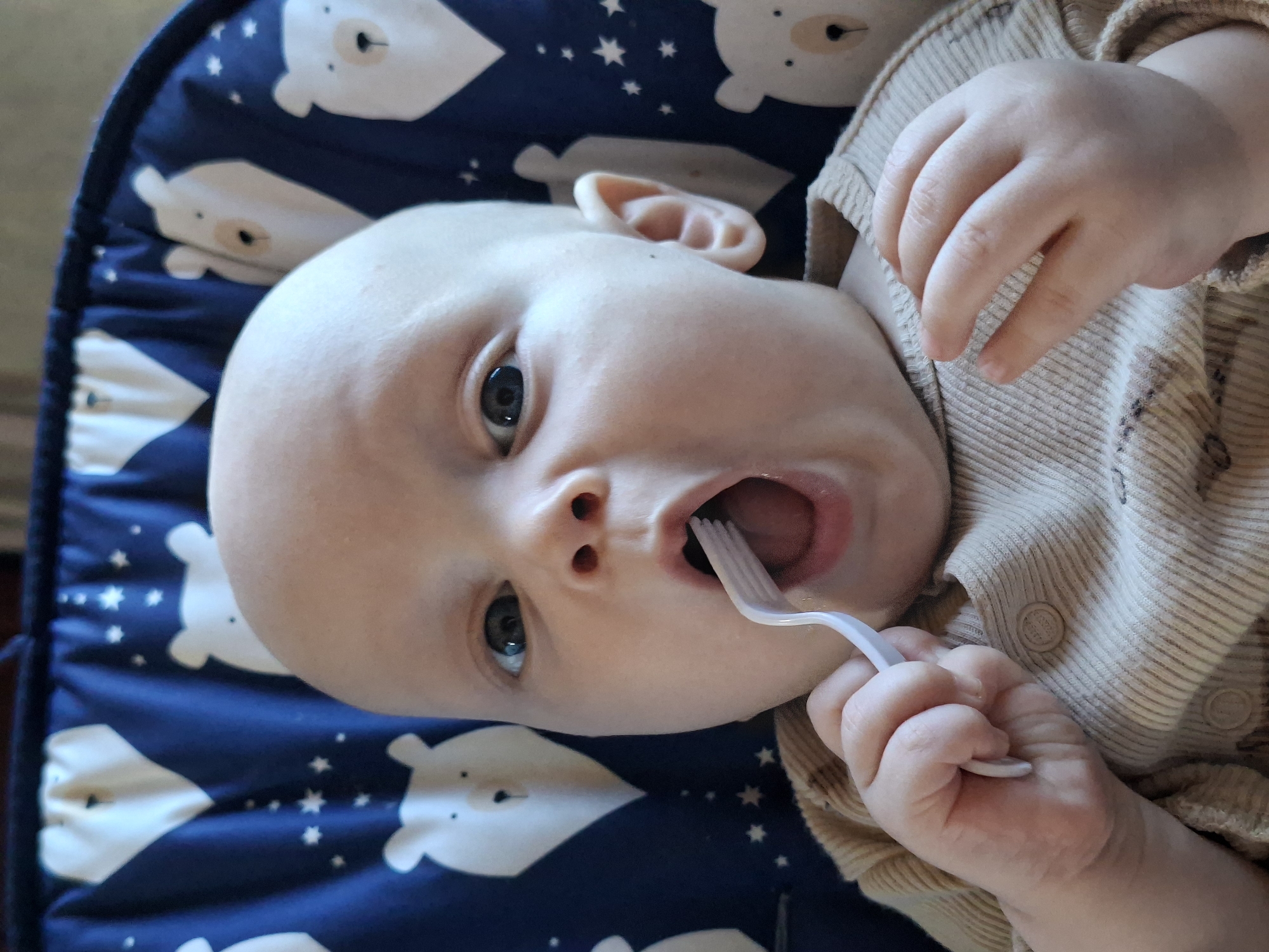 A close-up, rotated image shows a baby lying on a blue patterned surface, possibly a baby bouncer. The baby, who is bald with light skin and blue eyes, is holding a white plastic fork in their hand, with the tines inside their mouth. The baby is wearing a light brown, buttoned sweater. The background is patterned with white bears and stars on a blue fabric. The location is not identifiable as Karsha, Russia, based on the image.