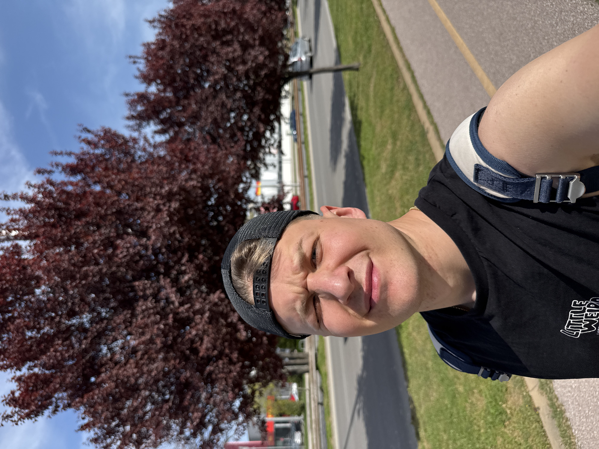 The image is a portrait-oriented selfie featuring a man outdoors on a sunny day. The subject is a light-skinned man with light hair visible under a black baseball cap. He has a slight smile and is squinting, likely due to the bright sunlight. He wears a black t-shirt, with a partially visible blue and white strap of a bag or backpack over his right shoulder. A thin gold chain is also visible around his neck.
In the background, a large tree with dense, dark red/purple foliage dominates the left side of the frame. To the right, a paved road or path with a yellow dividing line runs parallel to a grassy verge. Several vehicles are visible in the distance on the road, appearing somewhat out of focus. The sky above is clear and blue with a few light, wispy clouds. The bright illumination indicates it is daytime. On the man's t-shirt, the text "LITTLE WEIRD" is partially visible. The scene is set in an outdoor location in Plovdiv, Bulgaria.