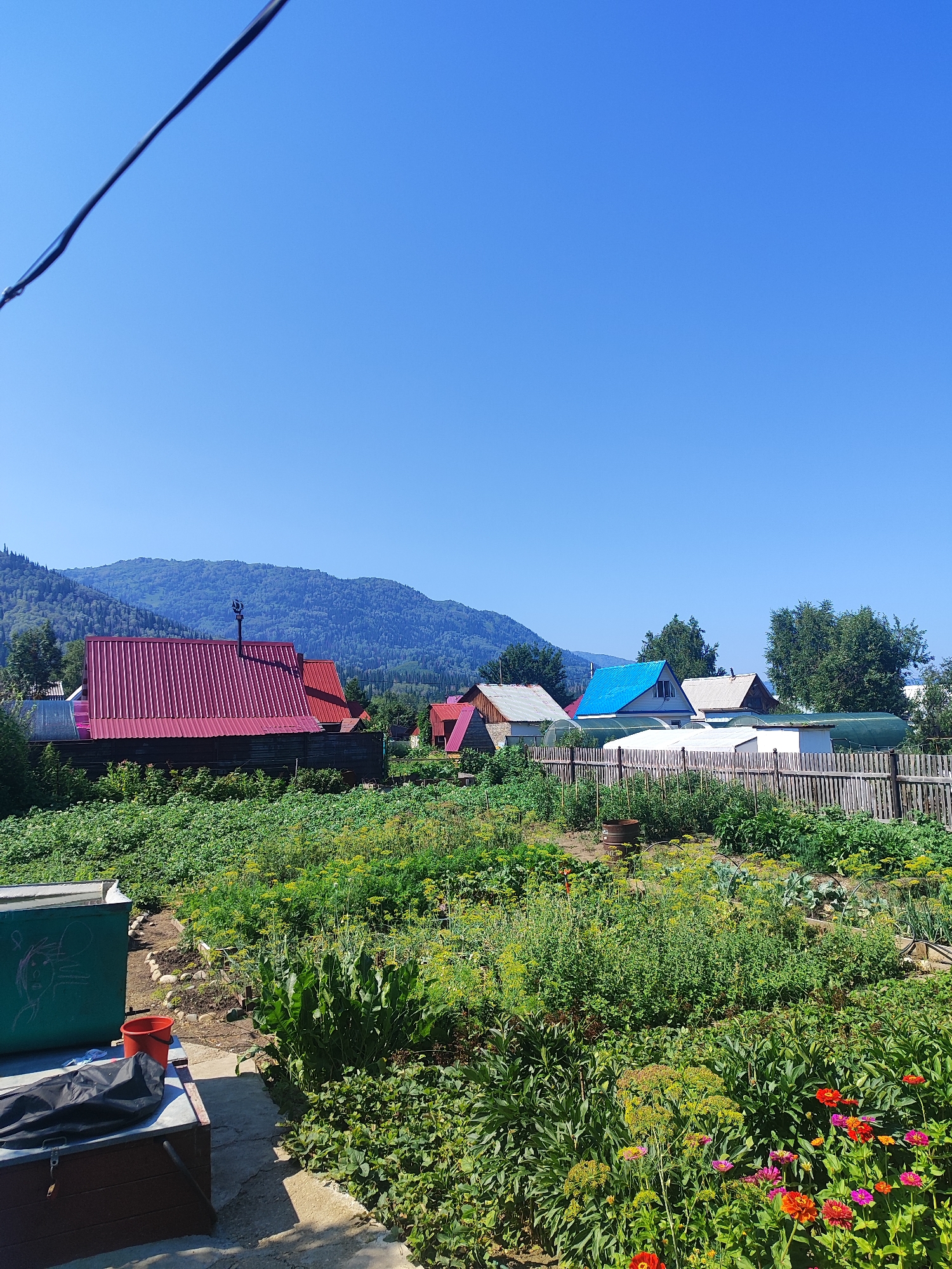 The image depicts a rural village scene with a lush green garden in the foreground. In the background, several houses with colorful roofs, including red, blue, and white, are visible. A wooden fence encloses part of the garden. Beyond the houses, a treelined mountain range dominates the horizon under a clear blue sky. The scene appears to be set in a village in Ridder, Kazakhstan, characterized by its natural landscape and residential structures.