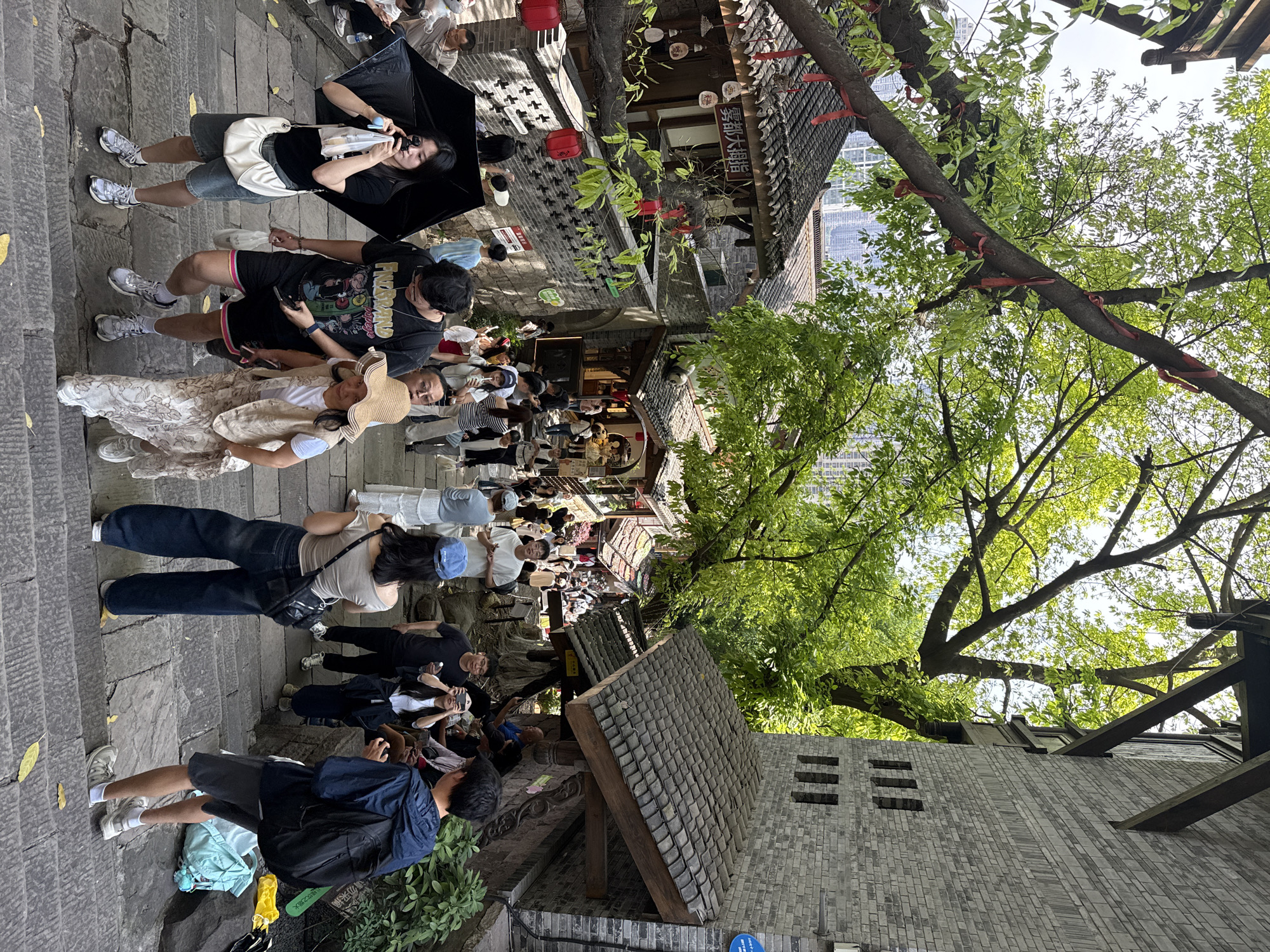 This media file captures a vibrant, crowded street scene in what appears to be a historic or traditionally themed area within Yuzhong District, China. The image, oriented upright, shows a sloped stone pathway or steps leading into a bustling thoroughfare lined with traditional Chinese architecture.
Numerous people populate the street, walking, standing, and interacting. In the foreground, several individuals are visible, including a person in a black jacket and blue pants with a backpack, and another in dark jeans and a light top. Further up the path, a woman holds a black umbrella over her head, wearing sunglasses and holding a phone, possibly to capture the scene. Another individual wears a wide-brimmed straw hat. The crowd suggests a popular tourist spot or a busy commercial area.
The buildings flanking the street exhibit classic Chinese architectural elements, featuring dark tiled roofs and grey brick walls. Red lanterns hang decoratively, and ornate wooden structures are visible. Lush green trees are a prominent feature, providing shade over the street. One large tree trunk and its branches, adorned with numerous red ribbons, stretch across the upper part of the frame, hinting at cultural significance or festive decoration. In the distance, above the traditional buildings and trees, modern high-rise structures can be seen, indicating the integration of historical sites within a contemporary urban landscape.
The scene is set on a bright, sunny day, with strong shadows cast by the buildings and trees, and the use of an umbrella for sun protection. Visible text includes a prominent red sign on one of the buildings with Chinese characters, reading "雾都大酒壶" (Wudu Dajiu Hu), likely indicating a restaurant or establishment named "Fog City Big Wine Pot." The overall atmosphere is lively and bustling.