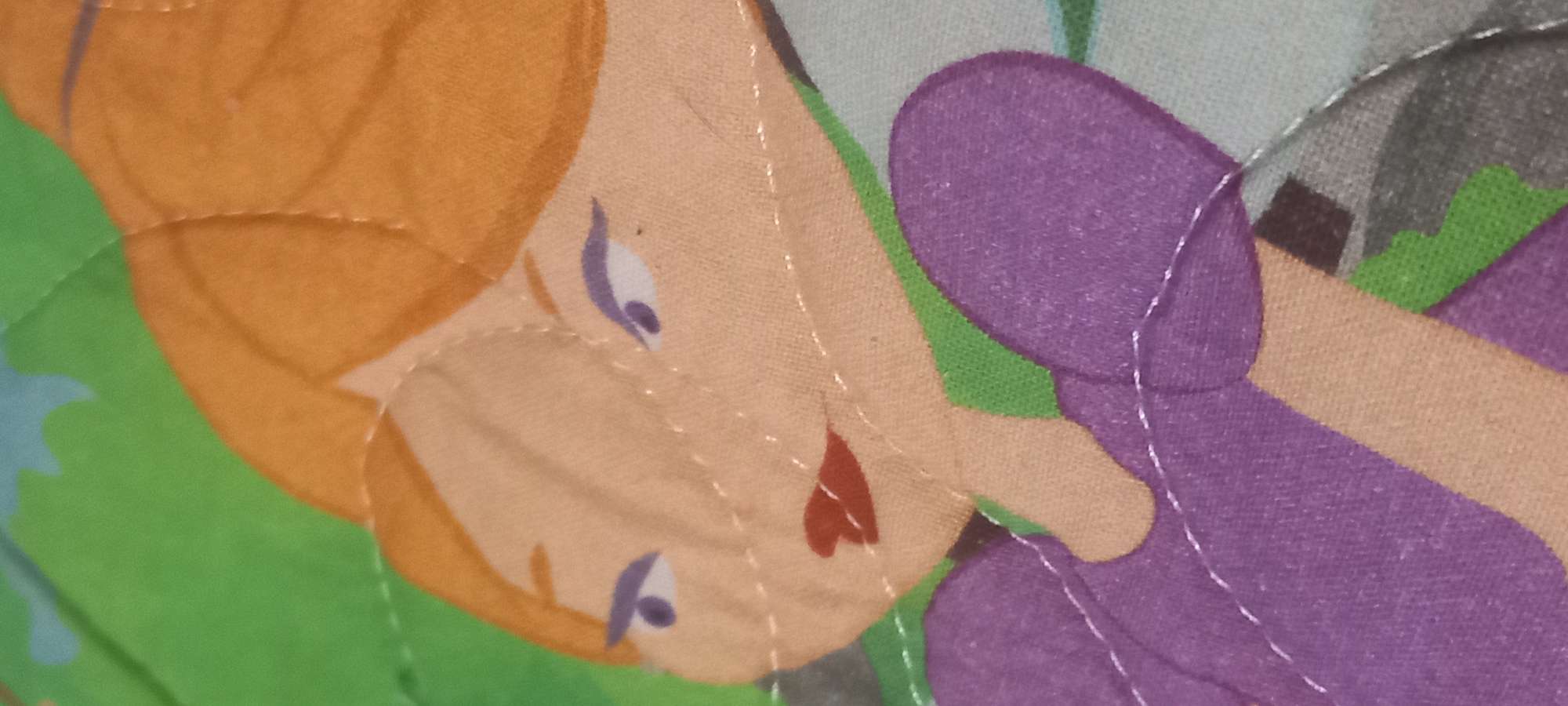 The image shows a close-up of a quilted fabric with a cartoon illustration of a woman. She has orange hair styled in an updo, purple eyes with arched eyebrows, and red lips. She is wearing a purple garment. The background is green with some blue shapes. The fabric has visible stitching. The image is taken indoors and there is no indication of its location in Kryvyi Rih, Ukraine, or any other city.