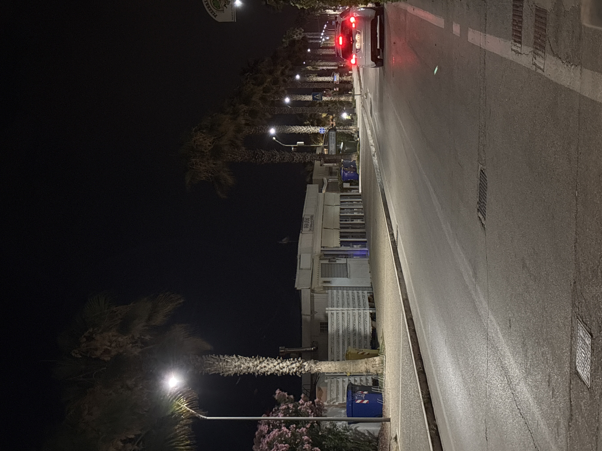 The image depicts a nighttime street scene in Cupra Marittima, Italy, featuring a row of palm trees lining the right side of a paved road. A white car with its brake lights illuminated is driving away from the viewer on the right side of the road. On the left side of the street, there are several commercial establishments with closed shutters and awnings, suggesting they are businesses. A lamppost illuminates the sidewalk and the base of a palm tree on the far left. Blue and yellow trash bins are visible on the sidewalk near the establishments. The road has lane markings and several manhole covers. The sky is dark, indicating nighttime. The overall atmosphere is quiet and slightly deserted.