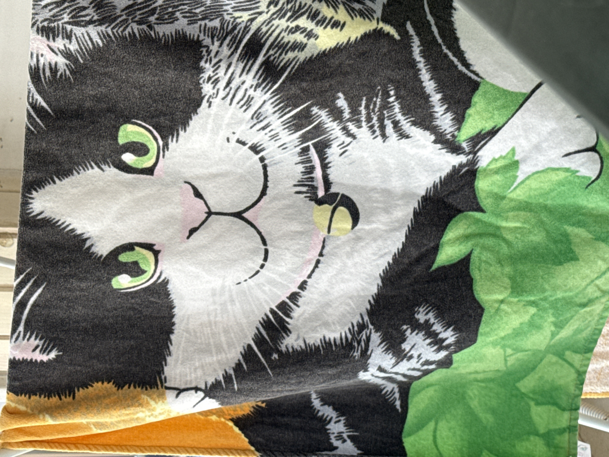 A close-up, low-angle shot captures a section of a towel featuring a black and white cat's face with green eyes, a pink nose, and whiskers. The cat is wearing a yellow and black bell. The bottom portion of the towel depicts green foliage. The towel is hung on a white rack, likely in a laundry area. The backdrop is blurred, with hints of orange and yellow on the left side and a diagonal gray object on the right. The scene is indoors, with a bright light source from above and to the right. The image was taken in Pomorie, Bulgaria.