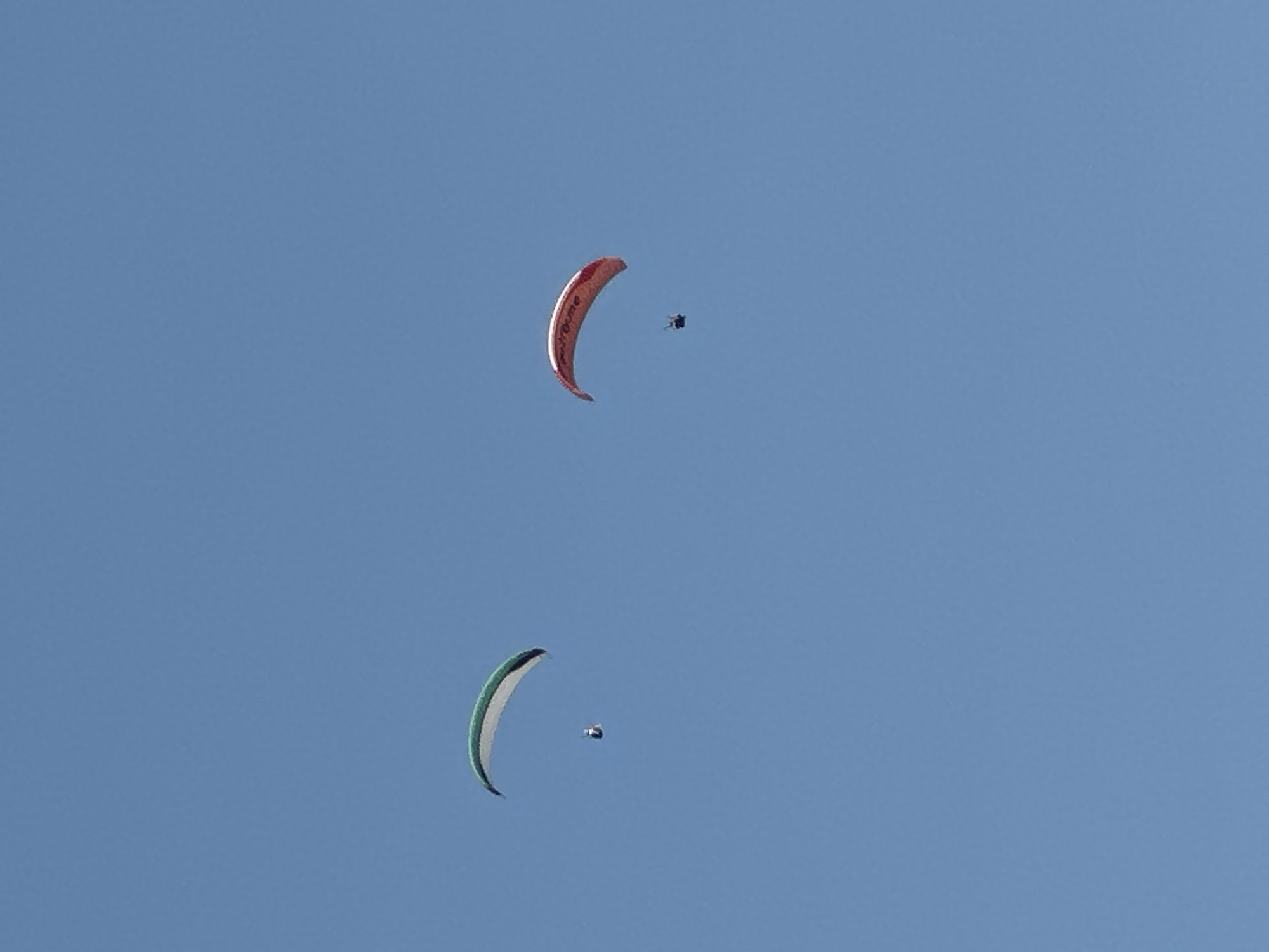 Two paragliders are in the air against a clear blue sky. The paraglider on the left has a green and white wing, and the one on the right has a red wing. Both paragliders are positioned at a considerable height above the ground, indicative of a recreational activity in an open area. The scene is consistent with paragliding activities that can take place in and around Boreti, Montenegro, a location known for its scenic coastal views and opportunities for adventure sports. The image captures a moment of aerial freedom and sport against a vast, cloudless sky.
