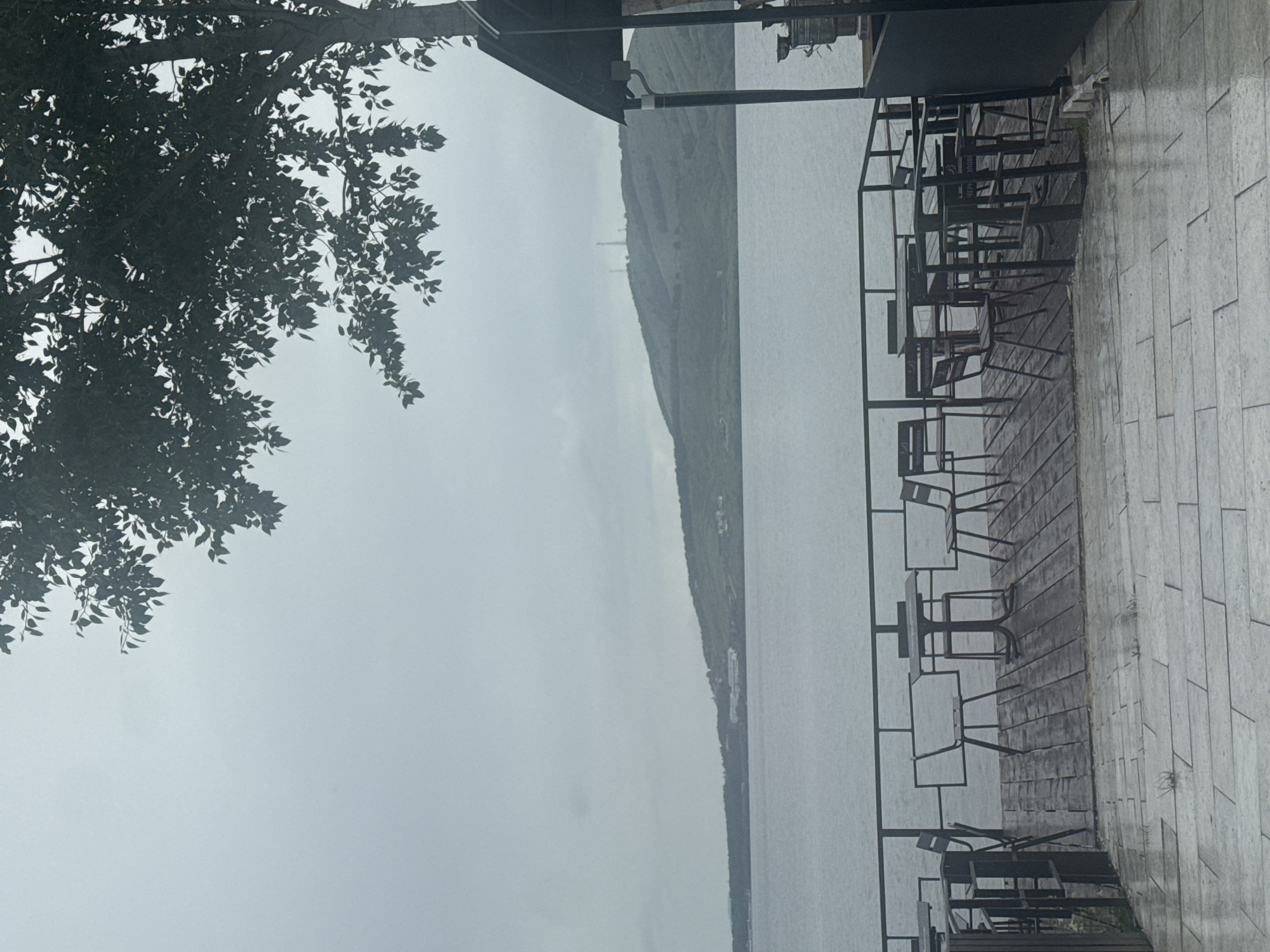 The image depicts an outdoor seating area adjacent to a large body of water, likely a lake or river, under an overcast sky. The scene is wet, suggesting recent or ongoing rain, with visible puddles on the wooden deck and the stone patio. Several metal tables and chairs are arranged on the deck, some with a modern, geometric design, others appearing more classic. A black metal railing encloses the deck, separating it from the water. In the background, a green, tree-covered hill rises from the opposite shore, with some structures visible on its slopes and what appear to be communication towers on its crest. A portion of a dark-colored structure, possibly a cafe or restaurant with a dark roof and siding, is visible on the right side of the frame. Overhead, the dark branches and leaves of a tree partially obscure the sky. The overall impression is one of a quiet, perhaps slightly somber, lakeside establishment.