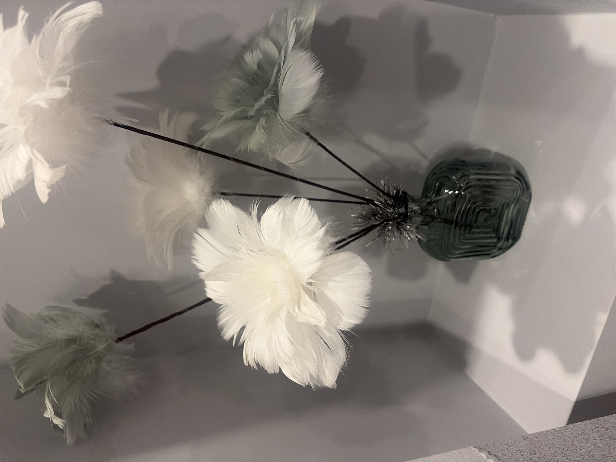 The image shows a vase containing feather flowers on a shelf. The vase is made of dark green glass and has a textured surface. The feather flowers are arranged in a cluster, with some being white and others a pale green color. The background is a plain, light gray wall. The shelf is white and has shadows cast upon it. The image does not provide any information about the location in the city of Podgumer, Bulgaria, or any people or actions.