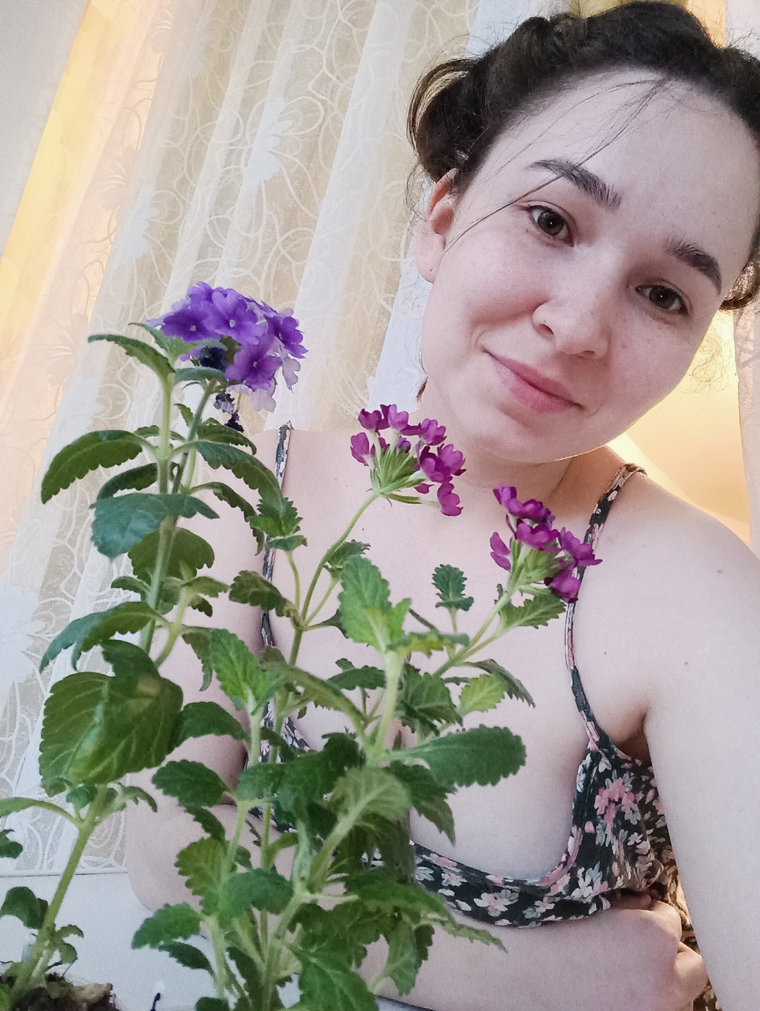 A young woman with dark hair in a casual updo is holding a potted plant with purple flowers. She is wearing a floral print dress and is positioned indoors, likely near a window with translucent patterned curtains. The location is not discernible from the image, making it impossible to confirm the city of Izhevsk, Russia. The scene is brightly lit, and the focus is on the woman and the plant.