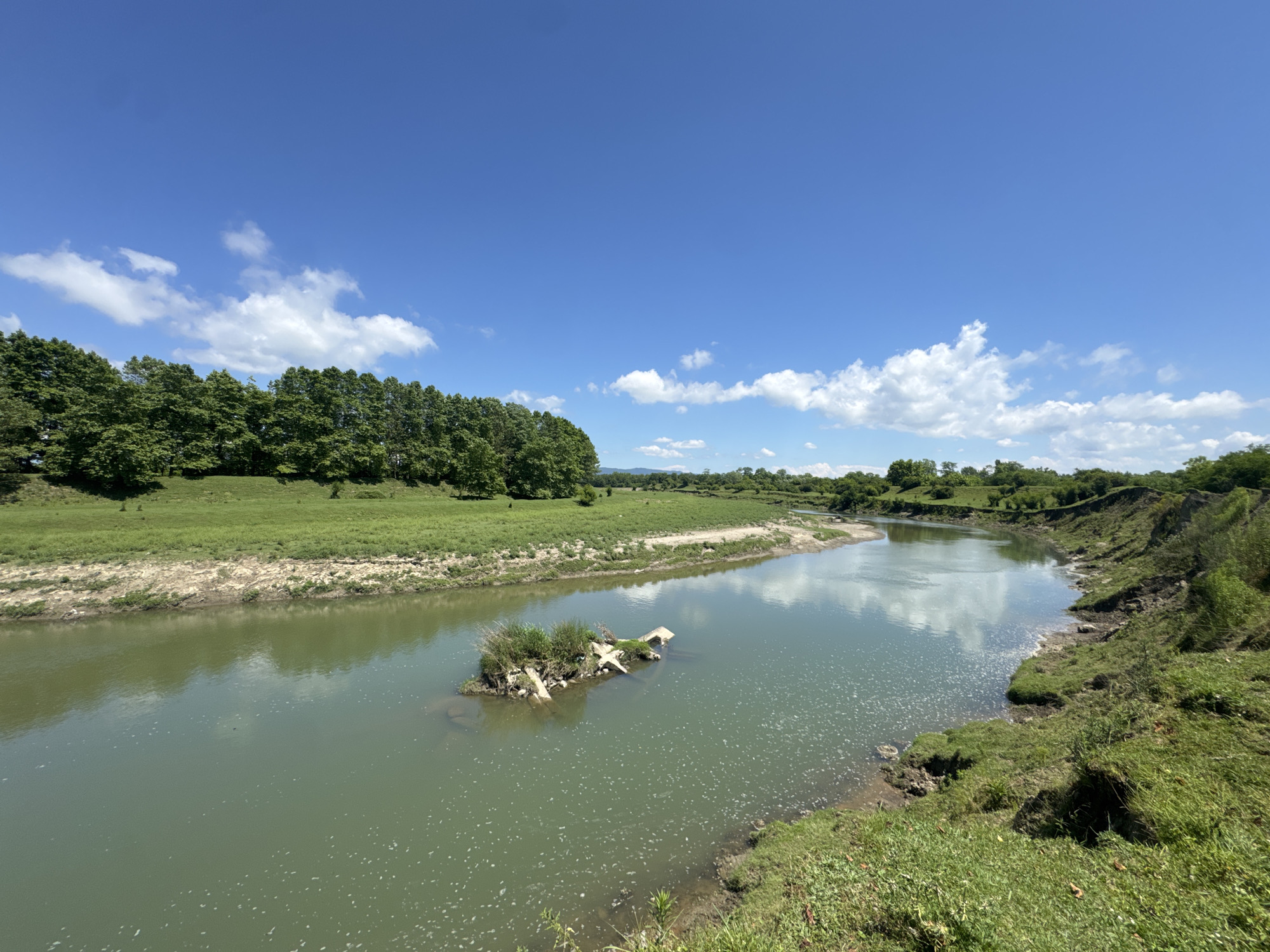 The image depicts a wide, slow-moving river with greenish-brown water under a bright blue sky dotted with white clouds. The riverbanks are lined with lush green grass and trees. On the left side of the river, a dense line of trees forms a natural barrier, behind which the landscape appears to gently undulate. In the foreground of the river, a small, debris-filled island is visible, with pieces of what appear to be concrete and metal protruding from the water and vegetation. The right bank of the river is higher and more eroded, with patches of exposed soil and dense vegetation. In the distance, the river curves out of sight, and the horizon is a mix of green hills and trees. The scene conveys a sense of natural tranquility and remoteness. The location is identified as Darcheli, Georgia. There are no people or animals visible in the image.