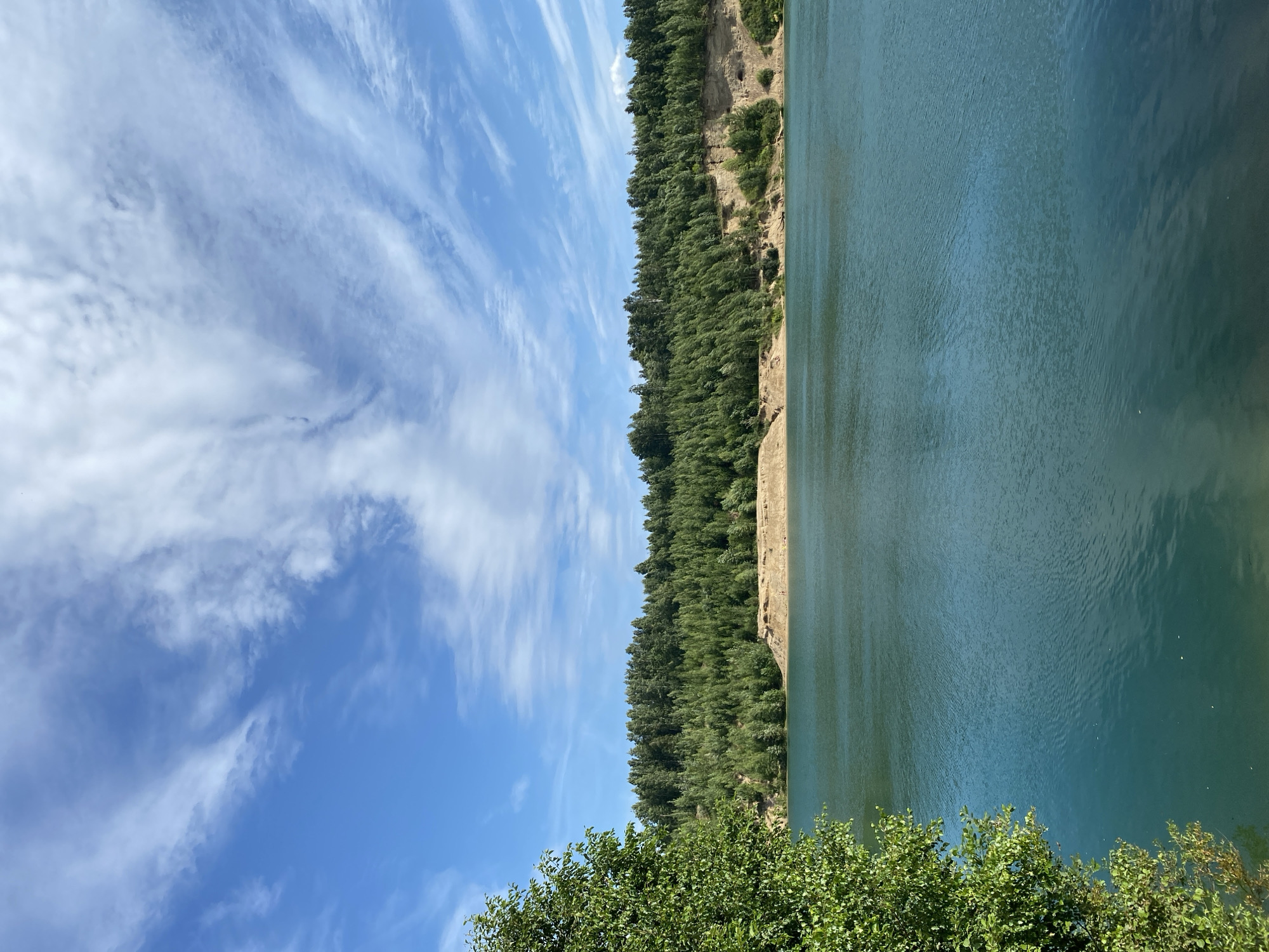 The image depicts a body of water with a treed embankment in the background, under a partly cloudy blue sky. The water is a deep blue-green color, with ripples indicating a slight breeze. The embankment is lined with a dense forest of green trees, with exposed sandy soil visible in some areas along the bank. In the foreground, on the left side of the image, the branches and leaves of a large green tree are visible, partially obscuring the view of the lake. The scene is serene and natural. The location is the Beryozovye Ryoks (Birch Reefs) quarry, a former sand and gravel pit in Vsevolozhsk, Russia, now a popular recreational area with a lake.