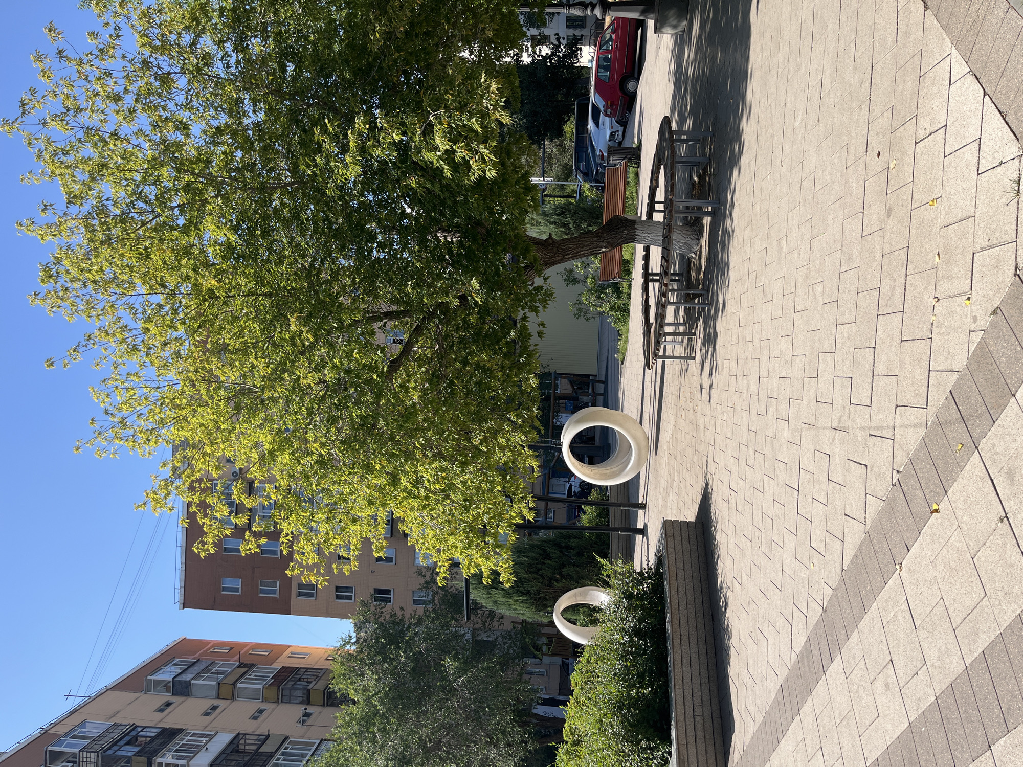 The image depicts an outdoor public space in Astana, Kazakhstan, featuring a paved area with a patterned walkway. In the foreground, a textured paving surrounds a raised planter filled with lush green bushes. To the right of the planter, two large, white, circular structures hang suspended from metal poles, resembling oversized rings. Beyond these, a mature tree with a thick trunk stands prominently, its branches adorned with vibrant green leaves. A unique, circular bench encircles the base of this tree, its wooden slats forming a continuous seating area around the trunk. In the background, apartment buildings with light-colored facades and visible windows rise against a clear blue sky. Several cars, including a red hatchback and a silver sedan, are parked on a road adjacent to the buildings. The overall scene suggests a well-maintained urban courtyard or park area.