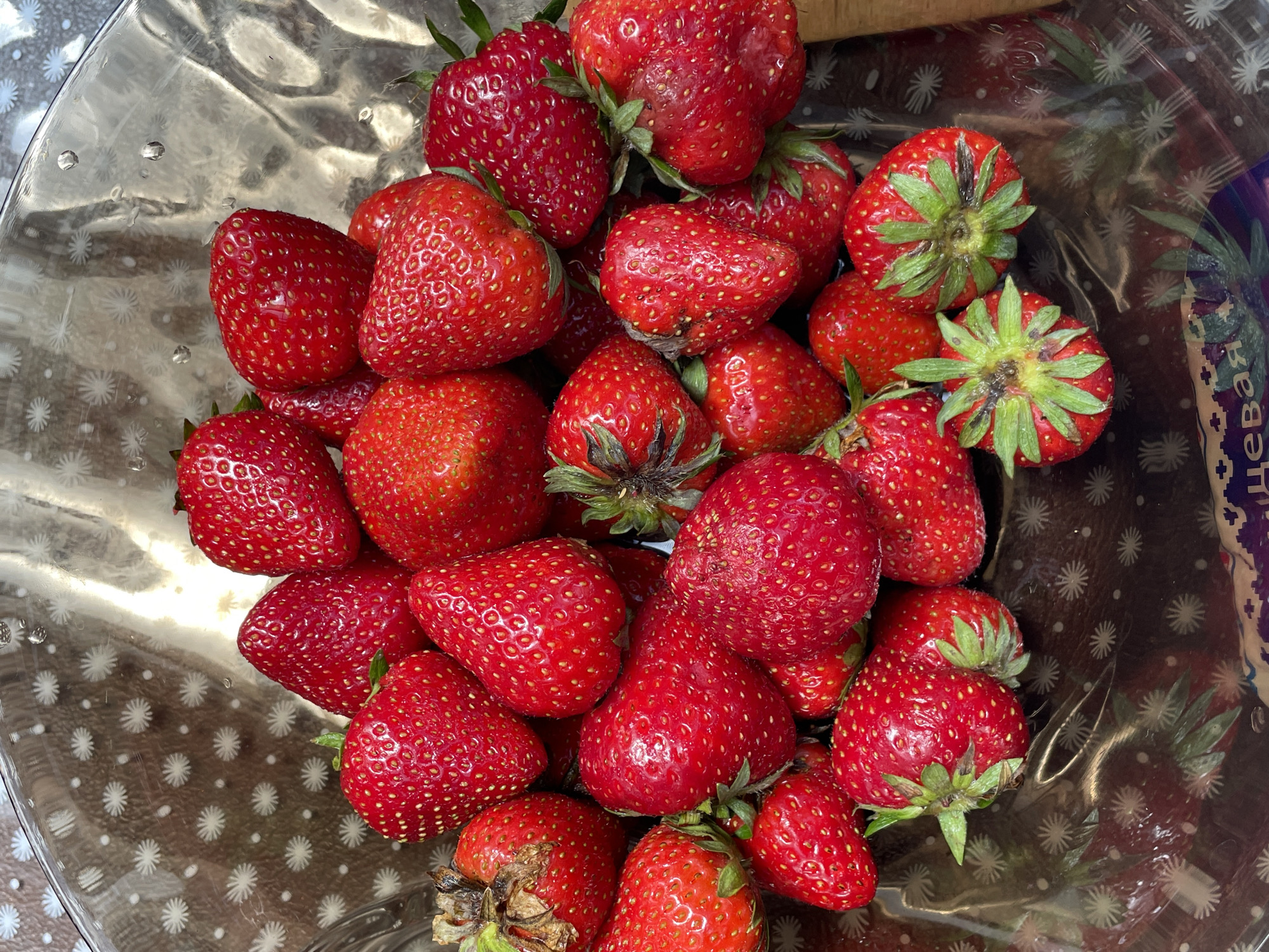 A top-down close-up shot shows a glass bowl filled with ripe, red strawberries. The bowl has a decorative pattern on its surface, with small, white, star-like shapes. The strawberries are of varying sizes and shapes, with some showing green stems and leaves. The lighting in the scene is bright, highlighting the texture and vibrancy of the fruit. The background consists of the patterned bowl and hints of an outdoor environment, possibly a table or surface with a patterned cloth underneath.