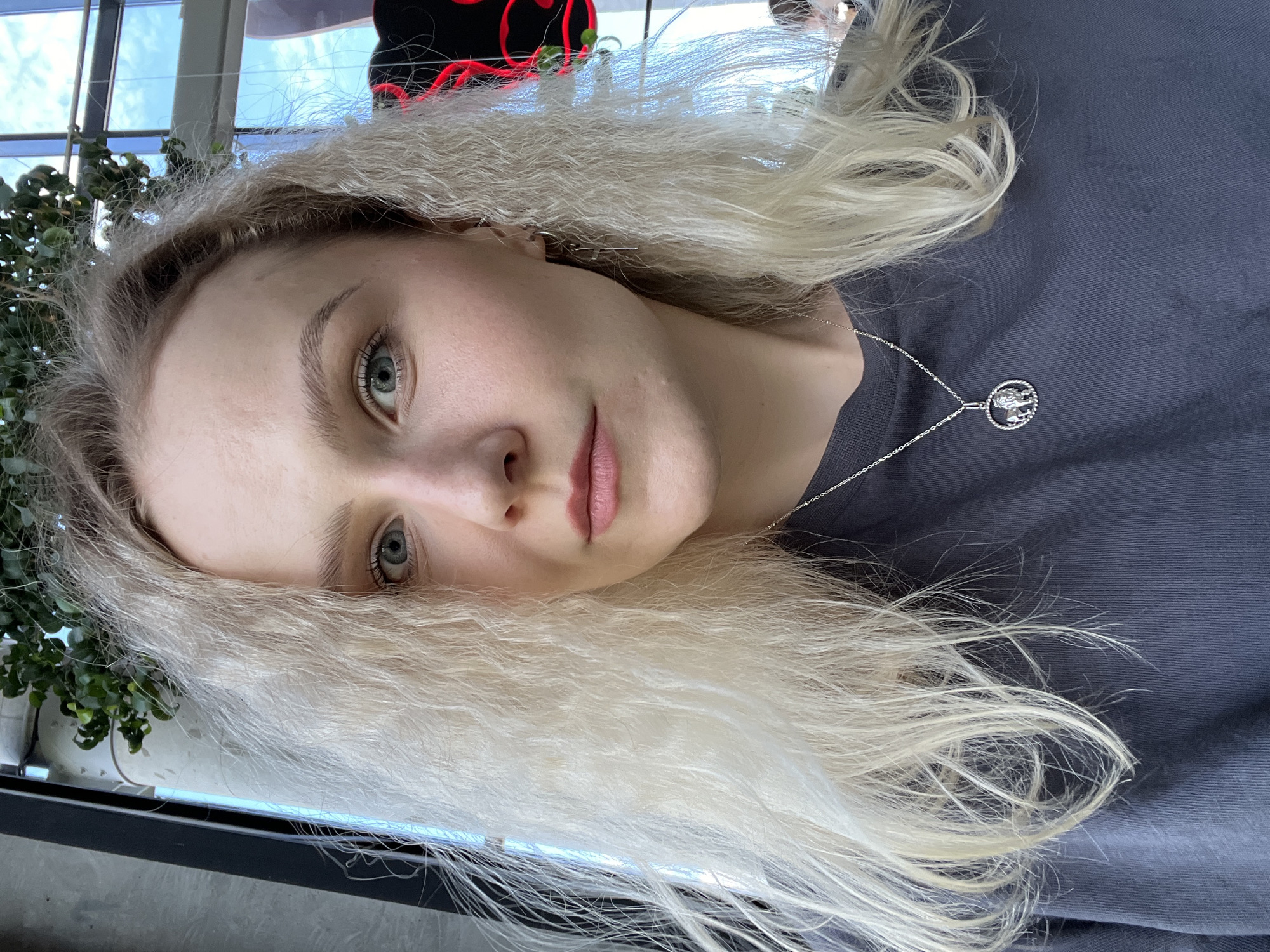 This is a vertical, close-up, self-portrait photograph of a young woman with long, blonde hair. She is wearing a dark grey t-shirt and a silver necklace with a circular pendant featuring an image of an elephant. The woman is looking directly at the camera with a neutral expression. Her eyes are blue-grey. Her lips are slightly parted and appear to have a light pink lipstick on.
In the background, there is a large window with a view of the sky, suggesting it is daytime. There are some plants to the left of the woman. The overall setting appears to be indoors, possibly a cafe or a public space, with a modern aesthetic suggested by the clean lines of the window frame. There is no visible text in the image. The lighting is natural and soft, illuminating the woman's face and hair. The orientation of the photo is rotated.
