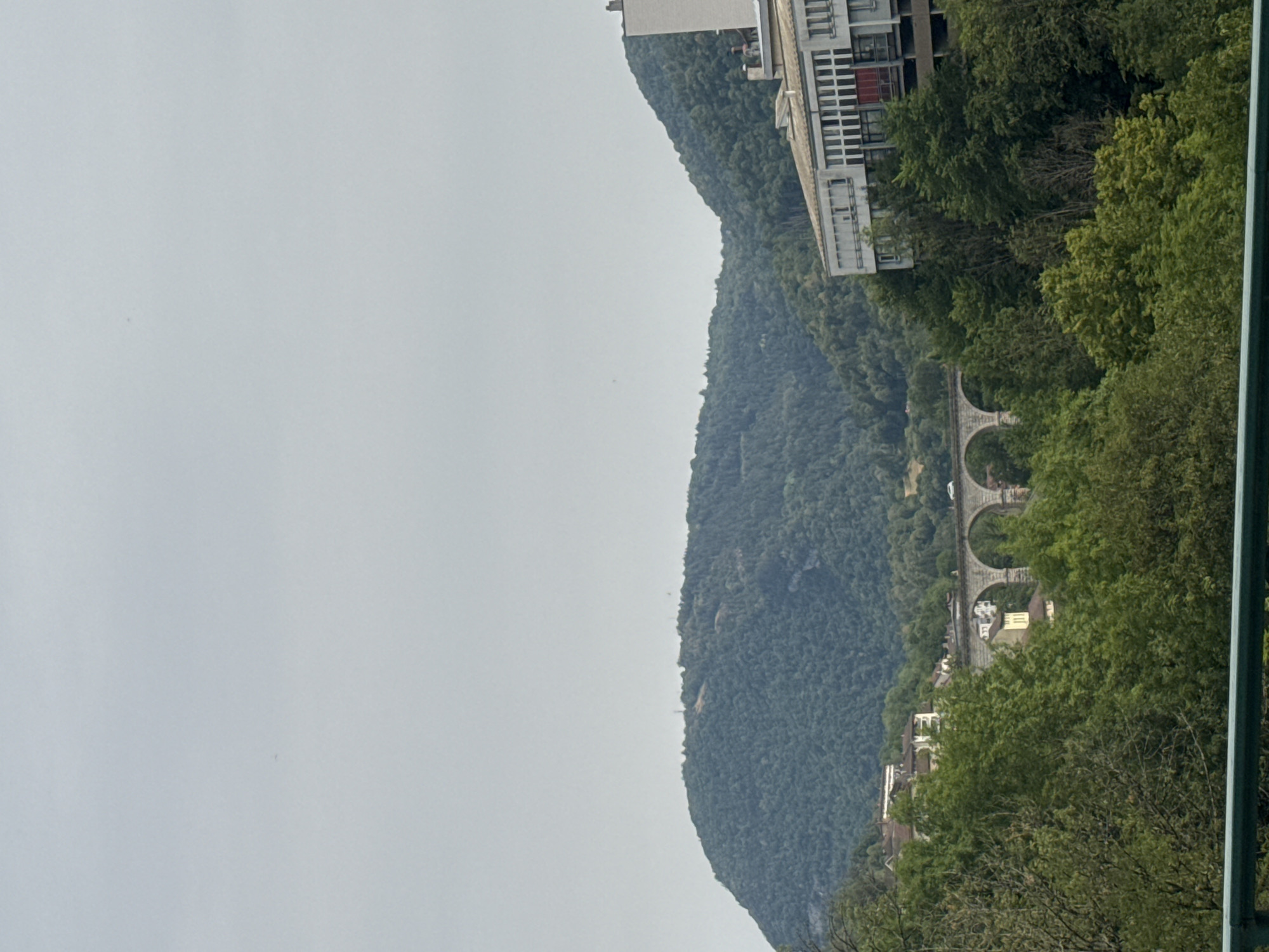 The image captures a wide shot of a valley in Saint-Claude, France. In the foreground, lush green trees dominate the scene, obscuring much of the lower portion. A dark green railing is visible at the very bottom of the frame.
Behind the trees, a multi-arched stone viaduct spans across the valley. On the right side of the image, a multi-story building with a light-colored facade and dark windows is perched on a hillside, surrounded by trees. In the background, a large, heavily wooded mountain rises, its peak lost in the hazy, overcast sky. The sky itself is a uniform pale gray. There are no people visible in the image.