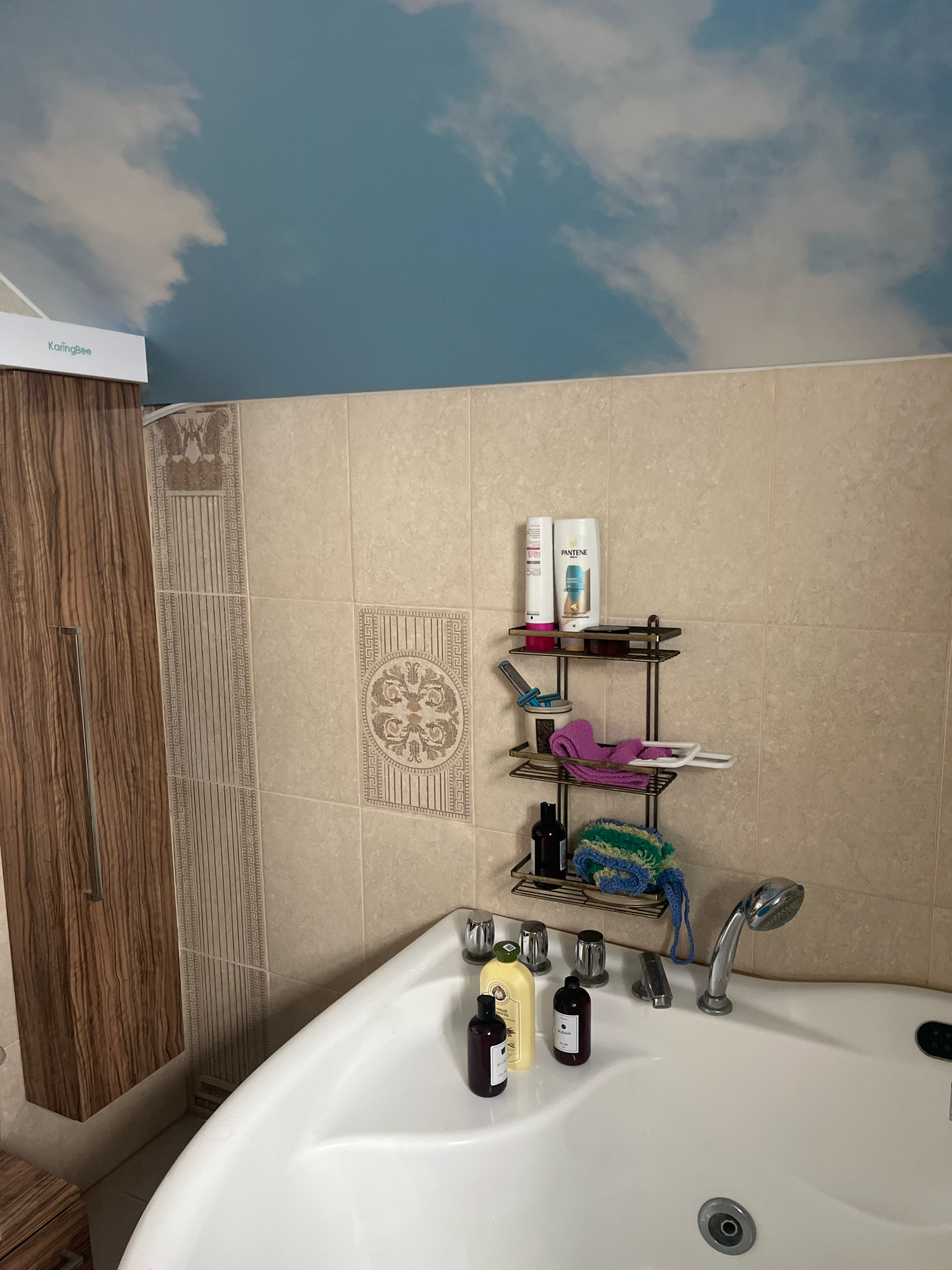The image shows a bathroom with a bathtub. The walls are tiled with beige tiles, and the ceiling has a sky mural. There is a wooden cabinet on the left, and a shower caddy with toiletries on the right wall. The bathtub has a faucet and a showerhead, and there are several bottles of toiletries on the edge of the tub. The scene appears to be in a private residence in Vladimirovka, Russia.