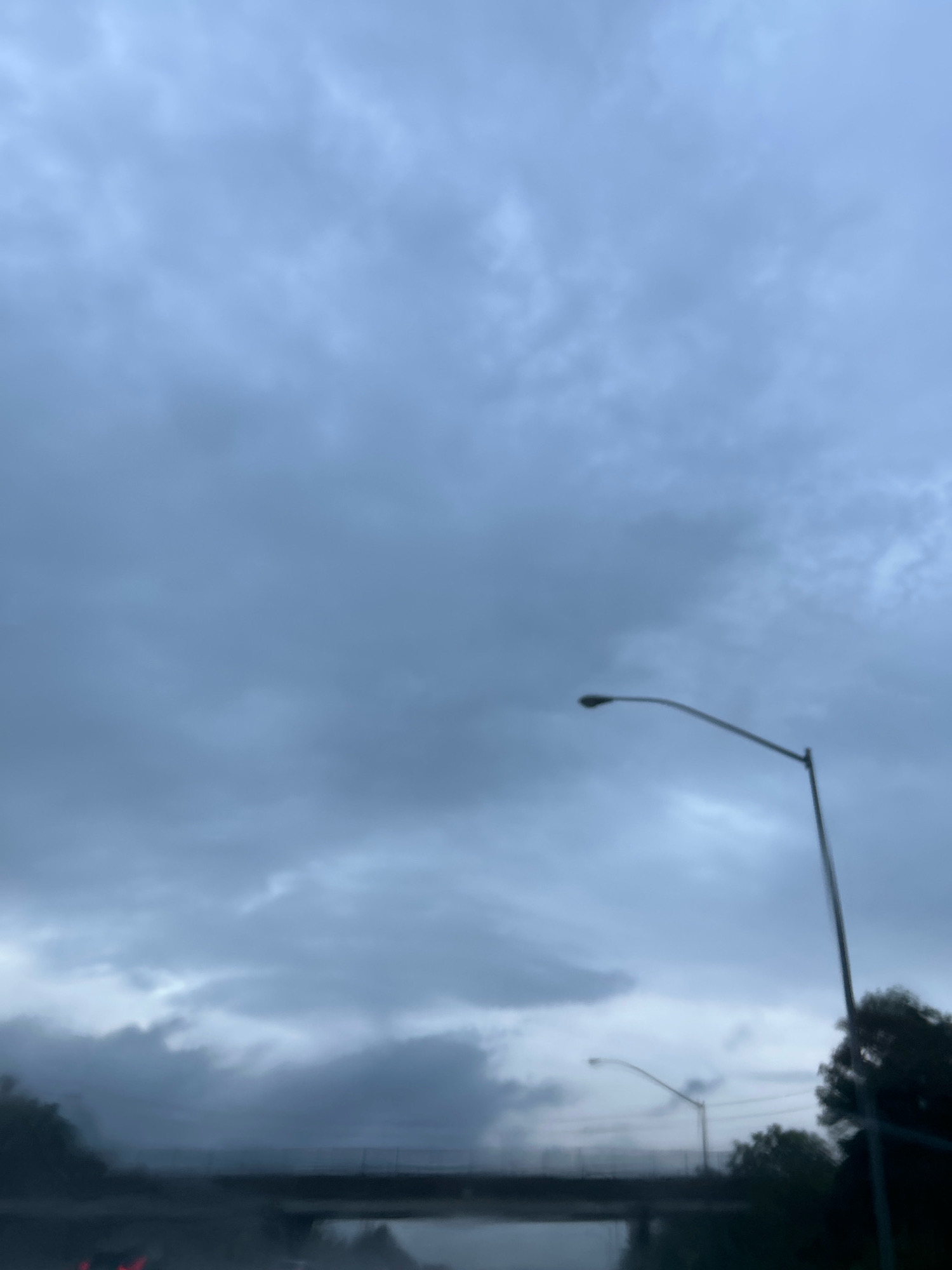 The image depicts an overcast sky above a bridge and trees. A street light is visible in the upper right portion of the frame, arching over the scene. The overall tone is somber, suggesting a cloudy or possibly rainy day. The environment appears to be an outdoor setting, likely near a roadway or infrastructure, given the presence of the bridge and street light. No individuals are visible in the image, and there are no discernible actions or interactions taking place. The scene is located in Collier Township, USA.