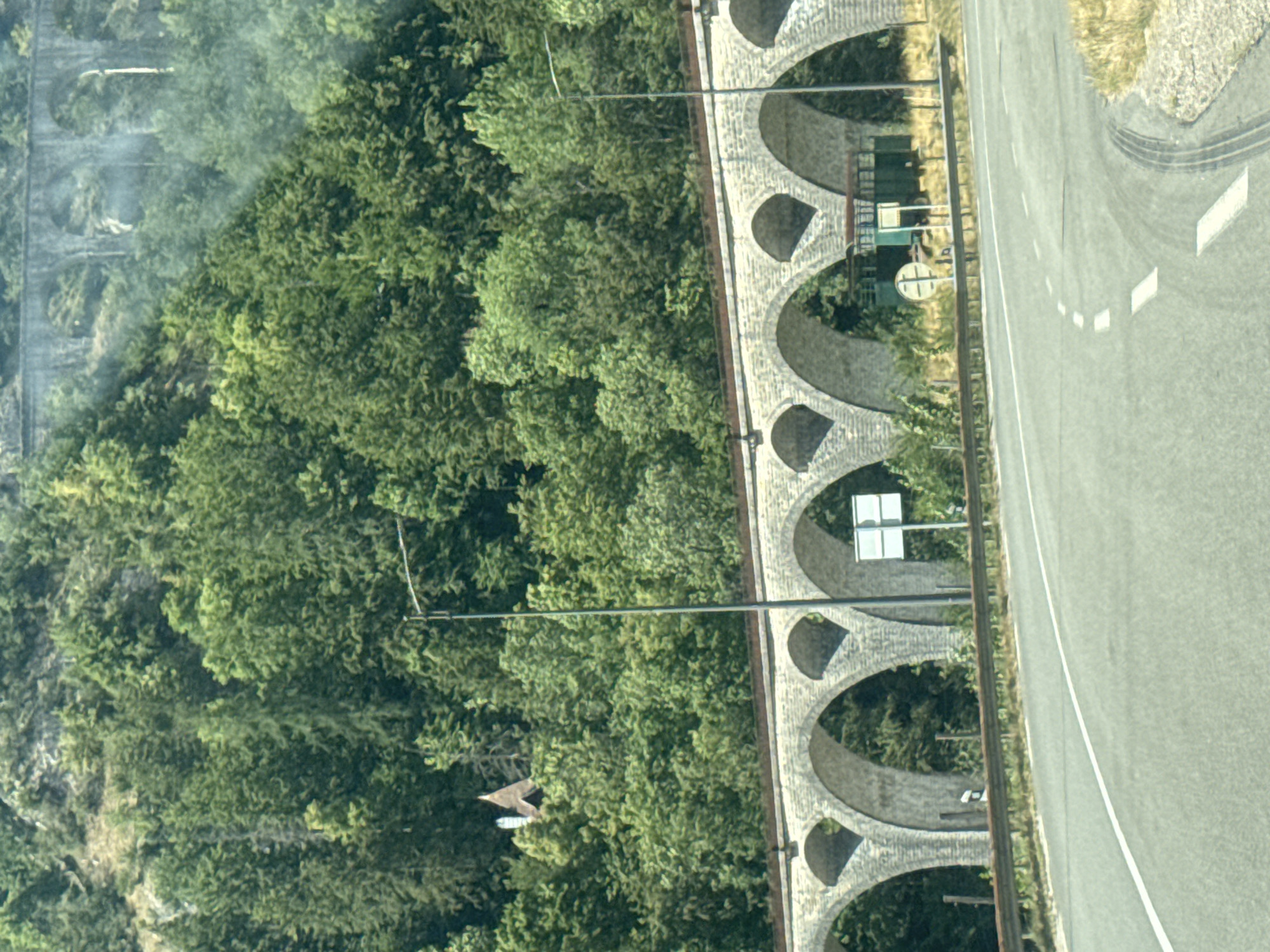 The image shows a road in the foreground with a white line marking a lane. In the background, a stone viaduct with multiple arches runs across the landscape, spanning a wooded area. The viaduct is built on a slope, and trees grow densely on the hillsides. A small building with a distinctive roof is visible nestled amongst the trees on the left side of the viaduct. A street lamp is positioned near the viaduct, and various road signs are present. The overall scene depicts a rural or mountainous area with a historical structure. The location is identified as the city of Hauts de Bienne, France.