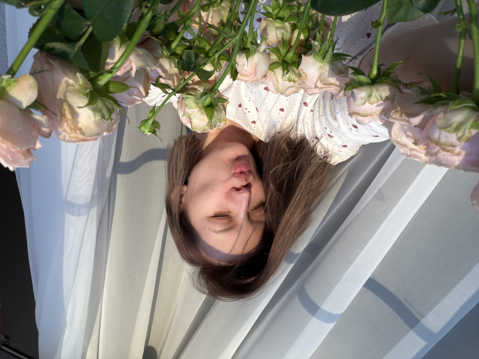 An intimate portrait captures a young woman lying down, framed by numerous light pink or cream-colored roses. Her head is angled, and her medium brown hair softly frames her face. Her eyes are closed, conveying a sense of serenity, while her lips are gently pursed, as if in a playful pout or blowing a kiss. She is wearing a white garment, possibly a dress or top, featuring subtle red heart-shaped embroidery or cut-outs.
Clusters of roses, with their delicate blooms and green stems and leaves, are draped across her upper body, with some blossoms appearing closer to the viewer and others in the background. The scene is bathed in natural light, creating soft highlights on the flowers and her skin, and casting gentle shadows. Behind her, sheer, light-colored curtains, likely white or light grey, fall in vertical folds, with strong shadows indicating sunlight filtering through a window. The overall atmosphere is tender and romantic. No text is visible in the image. This tranquil scene is set in Reshetnikovo, Russia, likely indoors during daylight hours.