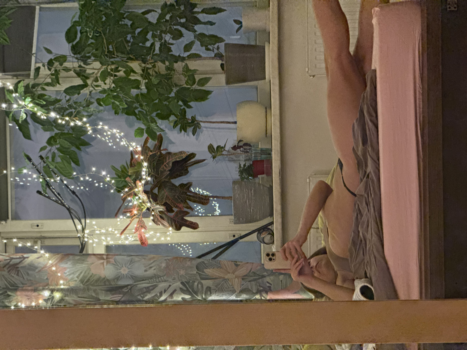 The image depicts an interior scene, likely within an apartment in Saint Petersburg, Russia, captured as a mirror selfie.
A person with light skin, appearing female, is visible in the mirror's reflection, lying on their left side on a bed. They are wearing a light-colored top and dark, thong-style underwear. Both hands are raised, holding a light-colored smartphone (possibly an iPhone with three camera lenses) in front of their face, indicating they are taking the photograph. Their dark hair is spread around their head. The bed has a light pink fitted sheet and a grey blanket partially covering the lower torso and legs.
The background is dominated by a large window, through which a dark, unidentifiable exterior is visible, suggesting nighttime. Numerous small, white LED fairy lights are strung across the window panes and intertwined with several potted plants arranged on the windowsill. These plants include a specimen with variegated red and green leaves in a grey pot, a large green-leafed plant in a dark grey pot, and multiple smaller plants in various pots and a clear glass container. A patterned curtain, featuring a floral or tropical leaf design in muted colors, hangs on the left side of the window. A white radiator is positioned beneath the windowsill on the right. Dark cables or wires are visible along the upper window frame. The mirror itself has a light-colored, possibly wooden, frame on its left edge.