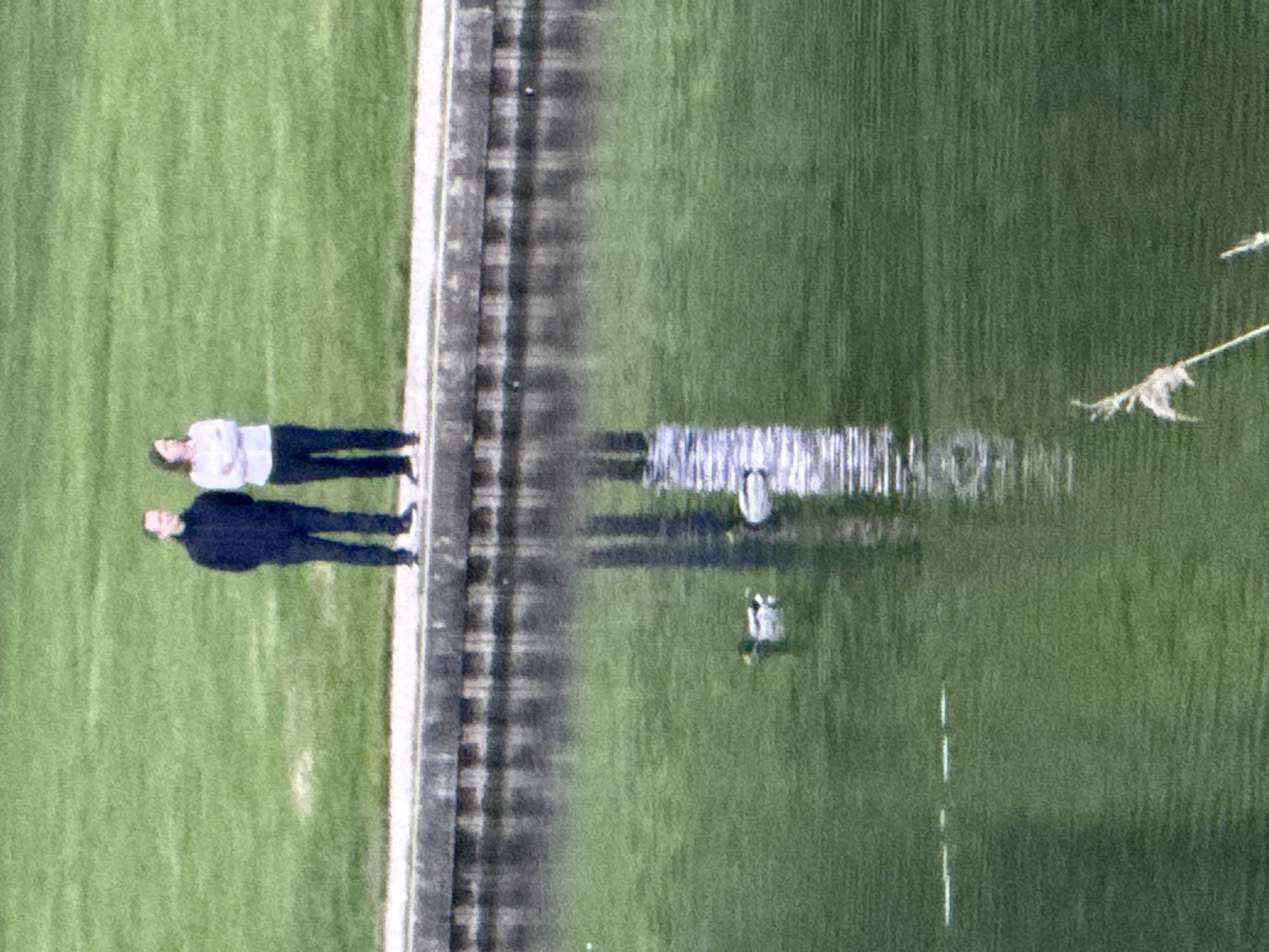 The image shows a canal side view with two individuals standing on a stone ledge, next to a body of water. One individual is wearing a light colored top and dark pants, while the other is wearing a dark suit. The water surface shows reflections of objects. There appears to be aquatic life in the water, possibly waterfowl. The grassy area extends towards the left of the frame. Based on the architectural features and environment, the location could be in a canal area of London, United Kingdom.