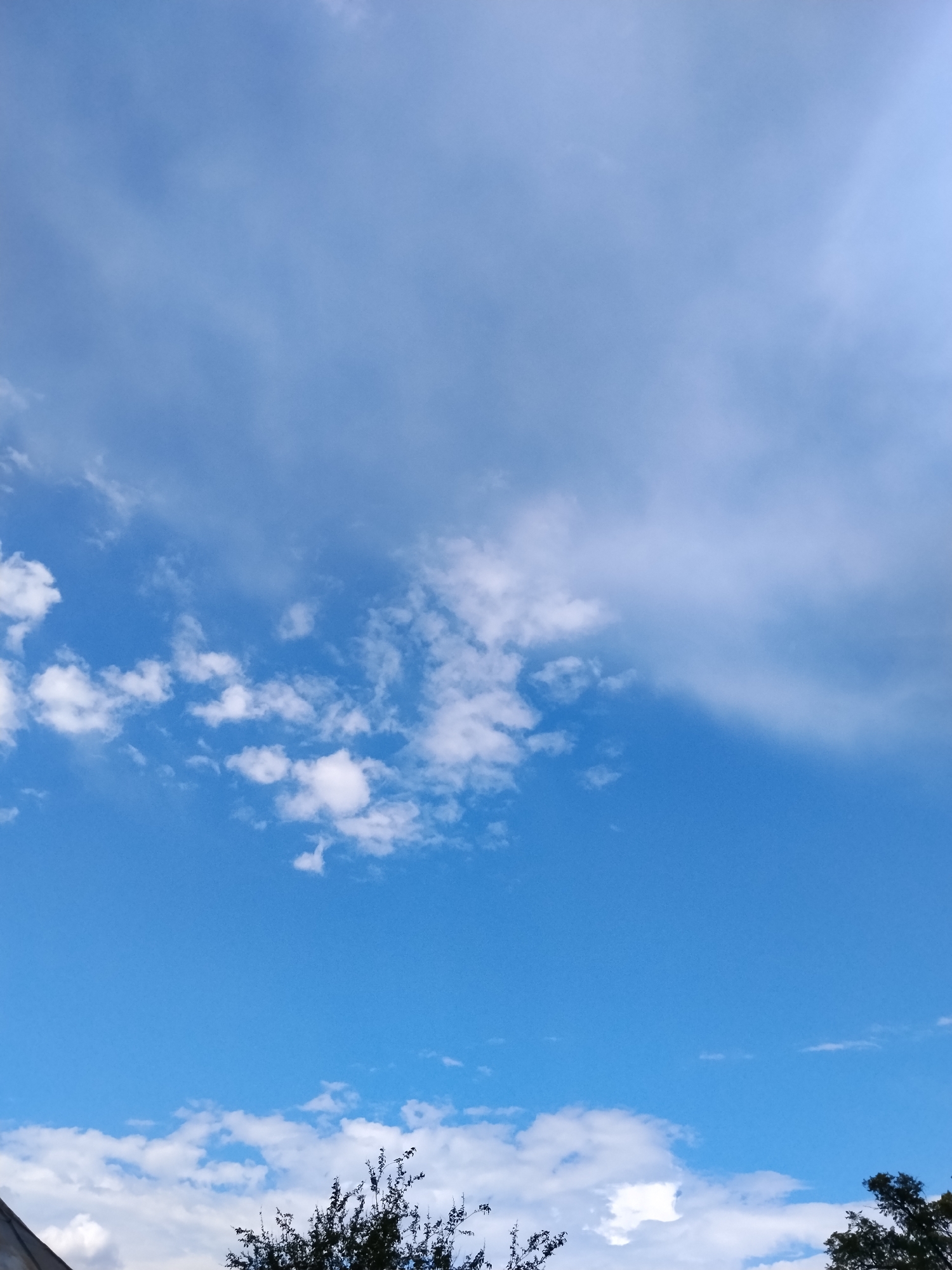 The image depicts a bright blue sky with scattered white clouds, typical of a daytime scene. The clouds vary in density, with some appearing wispy and thin, while others are more defined and cumulus-like. A large portion of the sky is clear blue, suggesting fair weather. The bottom of the frame shows the silhouette of dark-colored trees with some foliage, and a small section of what appears to be a gray roof or building structure on the lower left. The overall environment is outdoors, under an open sky. The location is identified as Dibrivka, Ukraine. There are no people or specific actions visible in the image. The scene is static and captures a natural, atmospheric view.