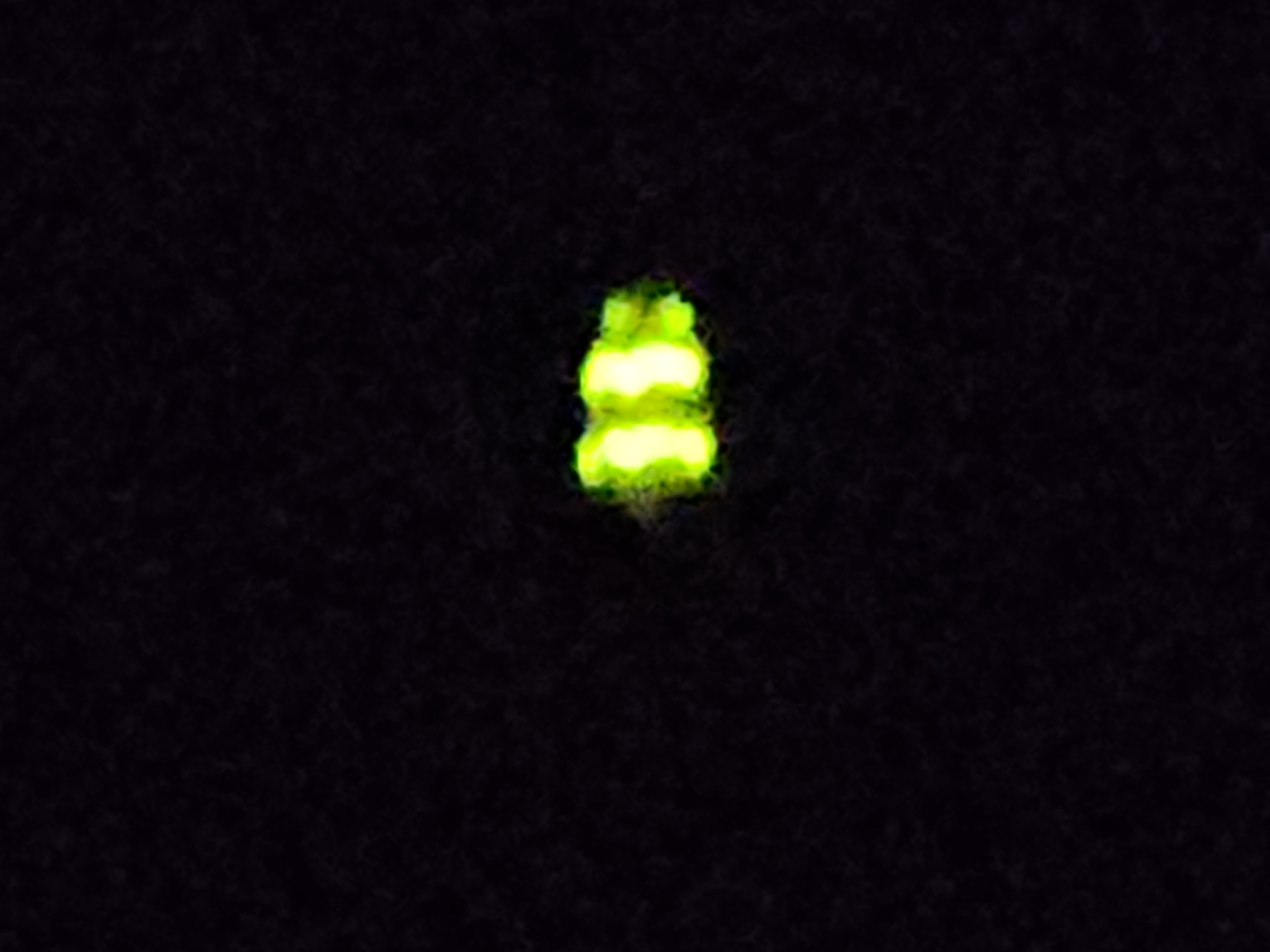 In a dimly lit, textured environment, two bright, lime-green light sources are visible. They are positioned side-by-side, with a slight gap between them, and appear somewhat oblong and blurred, suggesting they might be part of a larger object or display. The background is uniformly dark and appears grainy, adding to the overall impression of low light conditions. No other details are discernible in the image, including any specific location in Kurovo, Russia.
