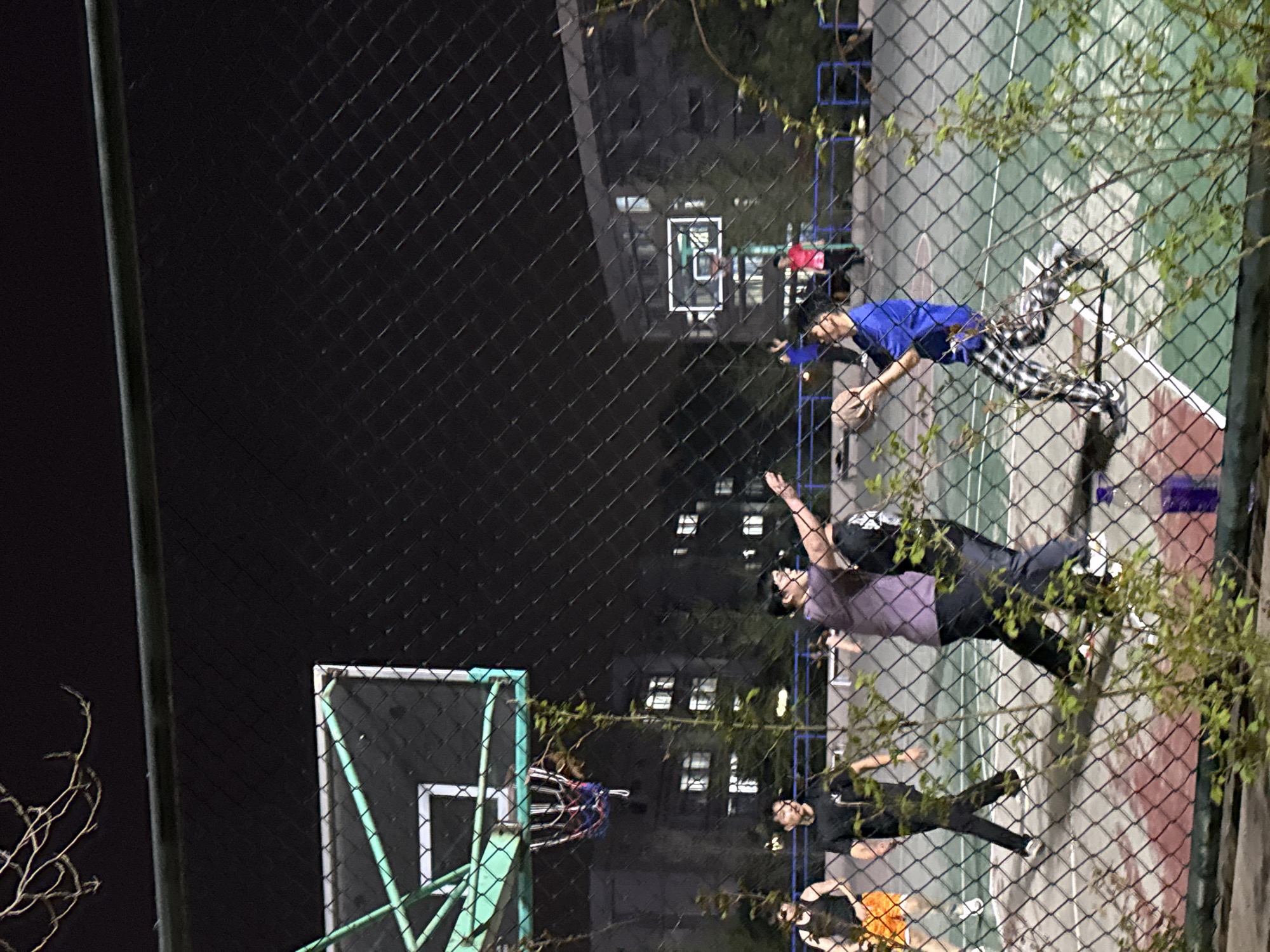 The image shows a fenced outdoor basketball court at night, possibly in Zhongtun, China, with a multi-story building visible in the background. At least four individuals are present, engaged in playing basketball or interacting near the court. One person is wearing a blue shirt and black-and-white patterned pants, with the others in athletic attire. The court itself appears to be green and red and there are two basketball hoops visible. The scene is viewed through a chain-link fence. Branches and leaves are present, partially obscuring the view of the court.