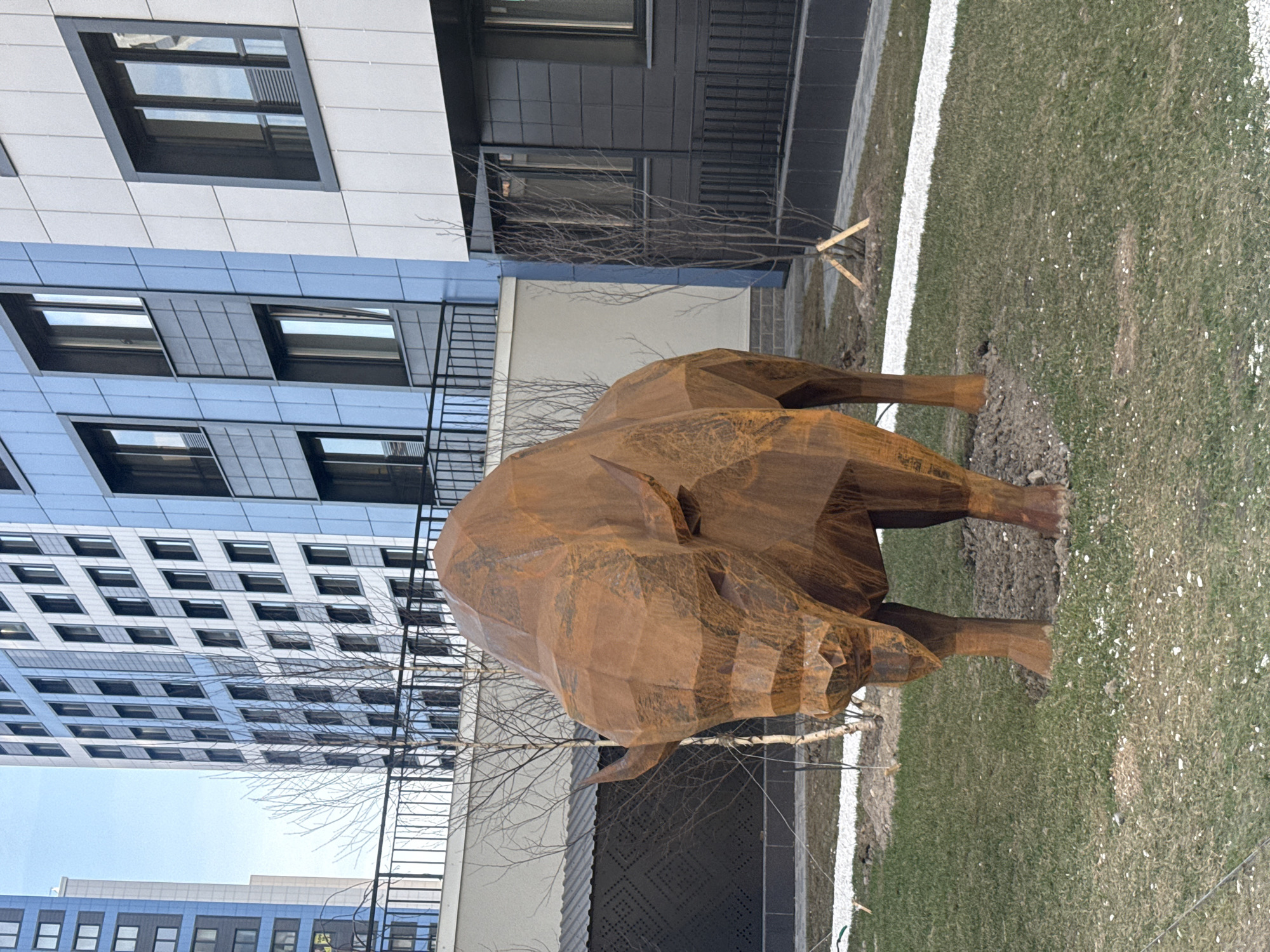 The image depicts a large, rust-colored, geometric bull sculpture situated on a grassy area adjacent to modern buildings. The location appears to be an urban environment in Saint Petersburg, Russia. The buildings have a grid-like facade with numerous windows. A metal fence separates the grassy area and the sculpture from the building. A sparse, bare tree stands behind the bull. A white line is visible on the grass marking the boundary of the lawn area. The sky is visible behind the buildings.