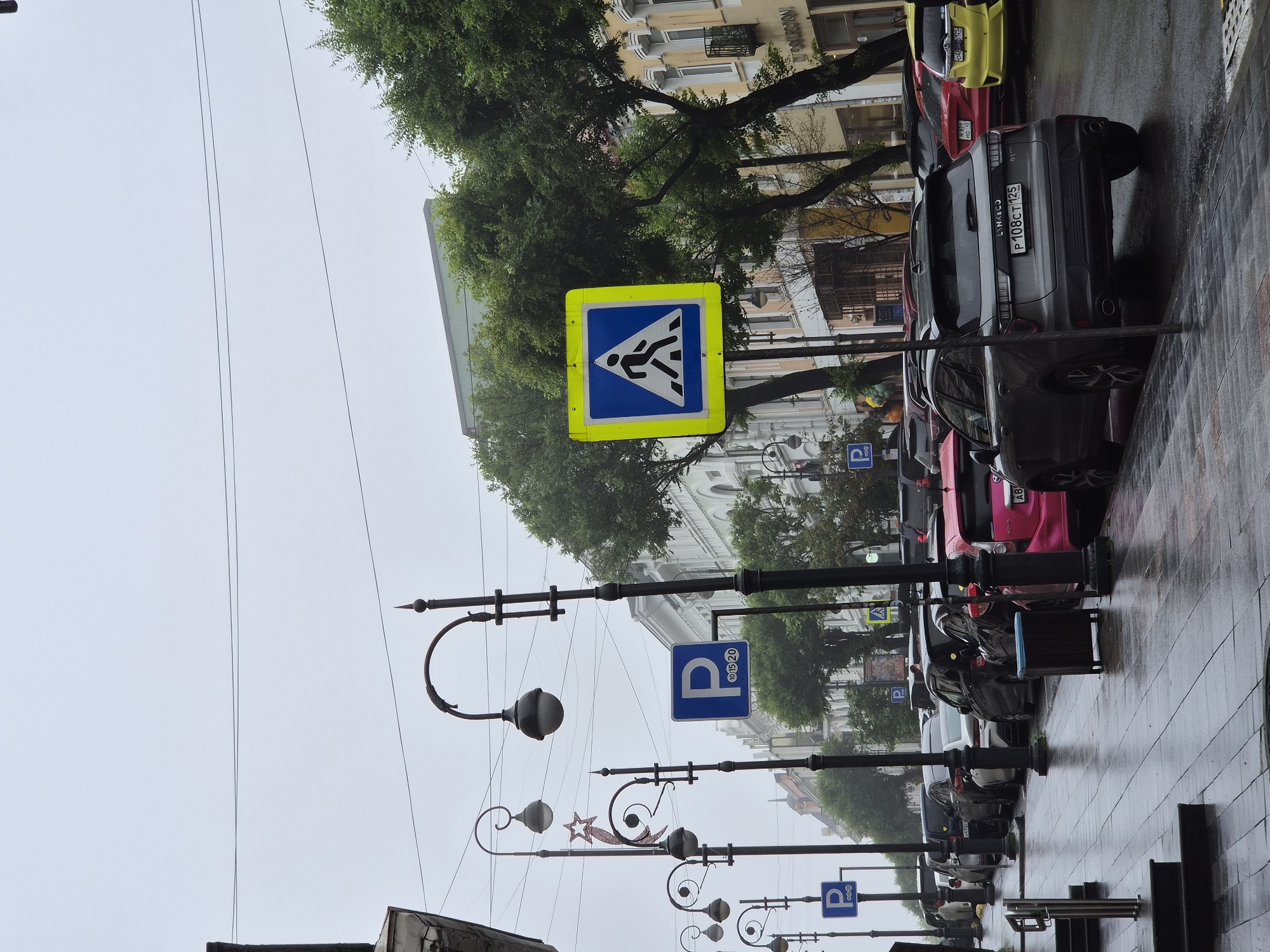 The image depicts a city street in Vladivostok, Russia, on a cloudy day. The street is lined with parked cars, predominantly sedans and SUVs, in various colors including grey, pink, red, and yellow. A pedestrian crossing sign, a blue square with a white 'P' and times 10:15-20, is visible near the center of the frame, along with a yellow diamond-shaped sign featuring a white pedestrian silhouette crossing a striped path. Several ornate streetlights with curved arms and globe-shaped lamps are spaced along the sidewalk. The sidewalk is paved with dark tiles, wet from rain, and a trash receptacle is positioned near the curb. Buildings with classical architectural features, including balconies and detailed facades, are visible in the background, interspersed with lush green trees. The sky is overcast, contributing to a muted color palette. No people are prominently featured in the scene, and the overall impression is one of an urban environment during or after a period of rain.