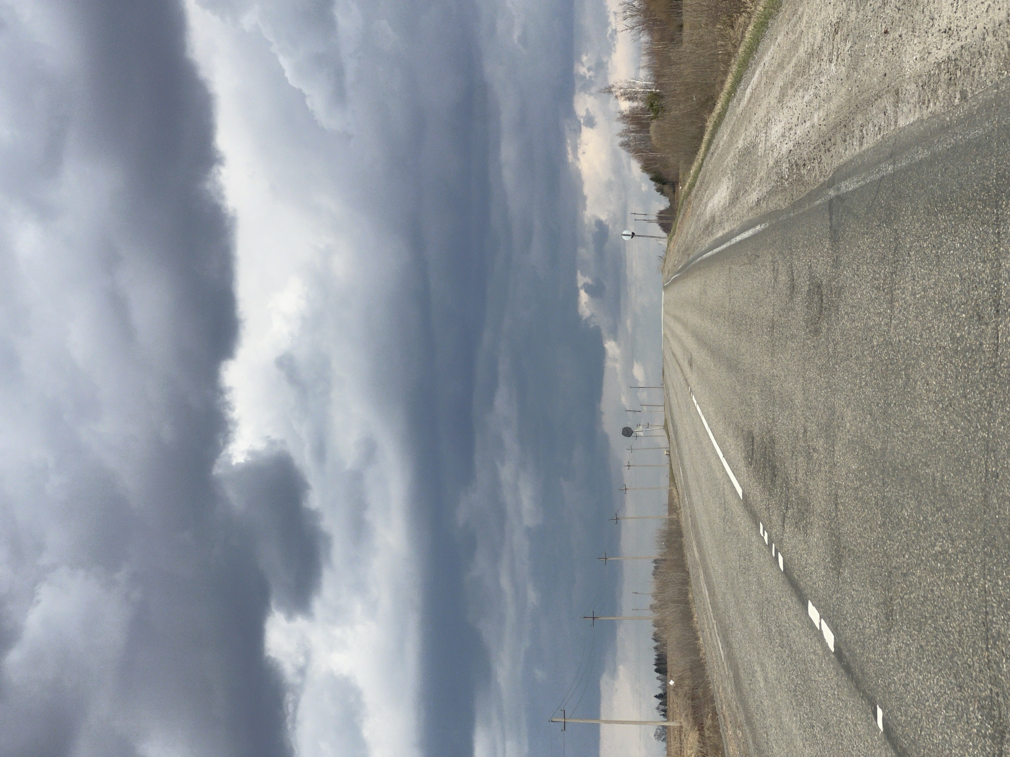 The image displays a long, straight asphalt road extending into the distance under a dramatic, cloudy sky. The road features a broken white lane marking in its center. The surface appears textured and slightly worn.
To the right of the road, a line of sparse, bare deciduous trees, possibly indicating late winter or early spring, separates the road from the distant horizon. Beyond these, a denser forest can be seen. A series of utility poles with power lines run parallel to the road on the right side, receding into the background. A circular road sign is faintly visible in the mid-ground, attached to one of the poles.
The sky is a prominent feature, dominated by a dynamic interplay of dark, heavy storm clouds and brighter, illuminated patches, suggesting an active weather front or recent rainfall. The scene is devoid of any human or animal activity, conveying a sense of solitude and vastness typical of a rural landscape.
It is daytime, but the heavy cloud cover casts a subdued light over the scene. The overall impression is one of quietude, perhaps hinting at changeable weather conditions in this rural setting, contextualized as Meshcheryaki, Russia. No discernible text is visible on the road signs or elsewhere in the image.
