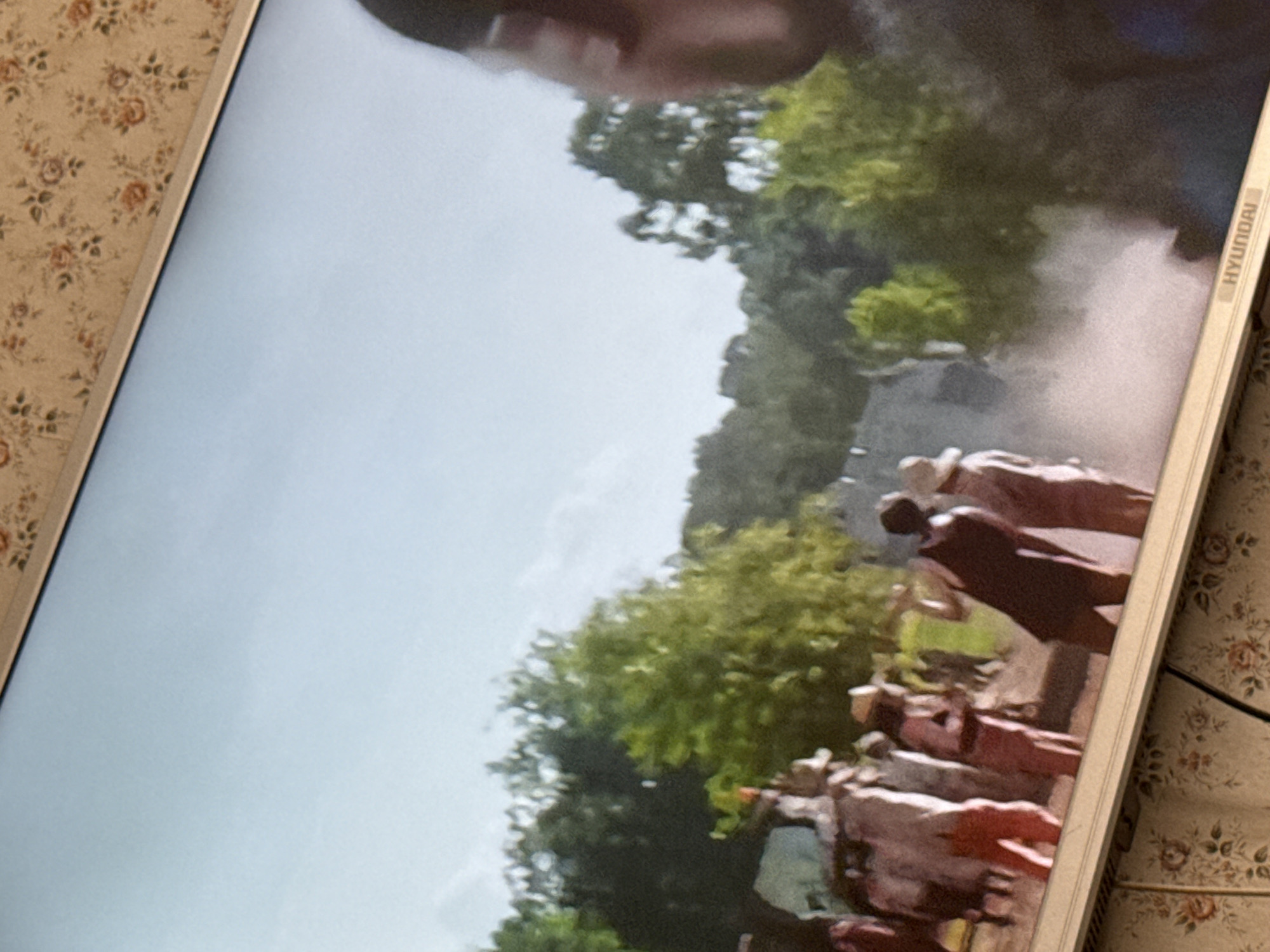 The image shows a scene being displayed on a Hyundai television set. The on-screen content depicts an outdoor gathering of people, potentially a procession or event. Individuals are visible in the lower portion of the screen, some wearing hats. The backdrop includes greenery, suggesting a park or wooded area. The location is not identifiable from the provided image. The surroundings of the television include a surface covered with a floral pattern. The location in Mytishchi, Russia cannot be confirmed.