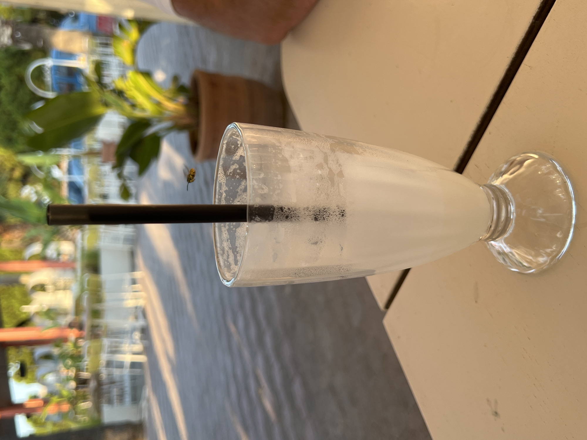 An outdoor scene at sunset shows a glass of a white beverage with a straw, condensation on the glass, and a small wasp hovering near the rim. The glass sits on a light-colored table. In the blurred background, there are outdoor chairs and tables, a potted plant, and a vehicle. The lighting suggests a warm, late afternoon or early evening in a location such as Eretria Municipal Unit, Greece.