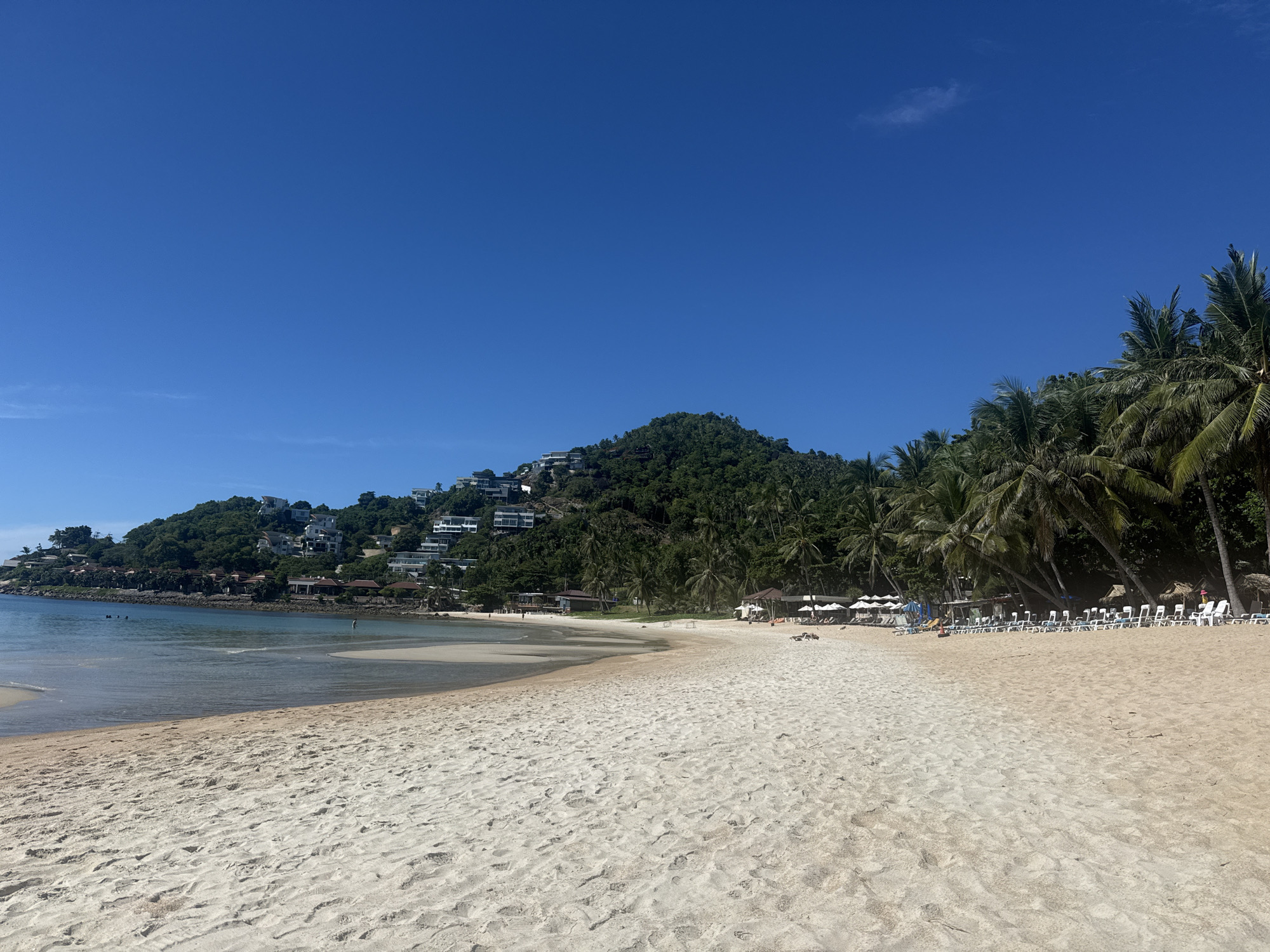 The image depicts a wide, sandy beach in Baan Chaweng Noi, Thailand, under a clear, bright blue sky. The foreground is dominated by the textured expanse of light-colored sand. In the midground, the calm, shallow, turquoise water gently laps the shore. Further back, along the coastline, is a line of palm trees, their fronds casting shadows. Behind the trees, the lush green hillside rises, dotted with numerous white villas and buildings, indicating a developed residential or resort area. Several white lounge chairs and umbrellas are arranged on the sand near the treeline, suggesting a leisure area. A few people are visible in the shallow water and on the beach, engaged in activities like swimming or walking. The overall scene conveys a serene and tropical beach environment.