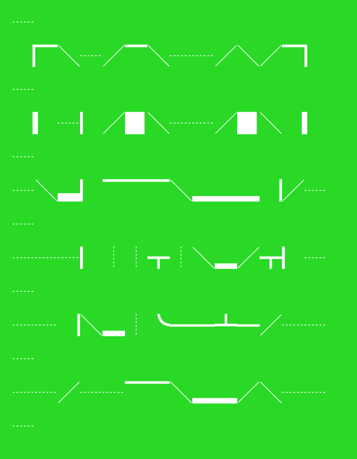 The image displays a series of white abstract geometric shapes and dashed lines arranged in six horizontal rows against a solid, vibrant green background. The composition consists of distinct symbols that include vertical and horizontal lines, diagonal segments, inverted 'V' and 'U' shapes, a square, curved lines, and 'L' and 'T' forms. Some shapes are connected, while others are separated by sequences of short, horizontal dashed lines. The arrangement is ordered and diagrammatic, without any discernible depth or perspective. There are no human figures, animals, vegetation, architectural structures, or natural landscapes present. The image does not depict any identifiable geographical location, including the city of Ta Xua, Vietnam.