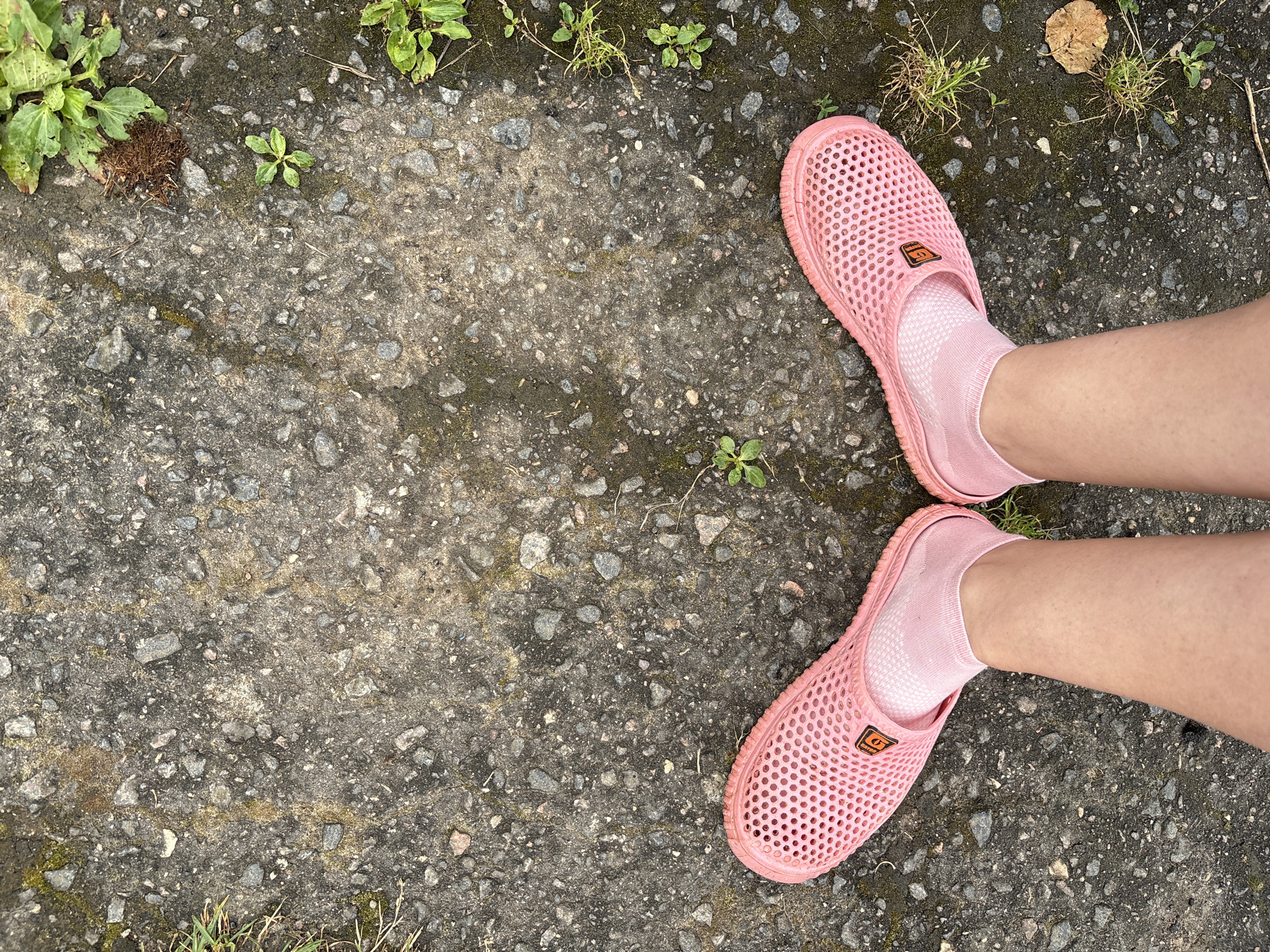 This is an overhead, eye-level shot of a person's legs and feet standing on a rough, grey asphalt surface. The person is wearing pink, perforated slip-on shoes and matching pink socks. The asphalt is speckled with small stones and patches of moss, with sparse, green weeds growing along the edges of the frame. The lighting suggests it is daytime, with no harsh shadows. The overall scene is casual and appears to be outdoors, possibly on a sidewalk or path in an urban or suburban area.