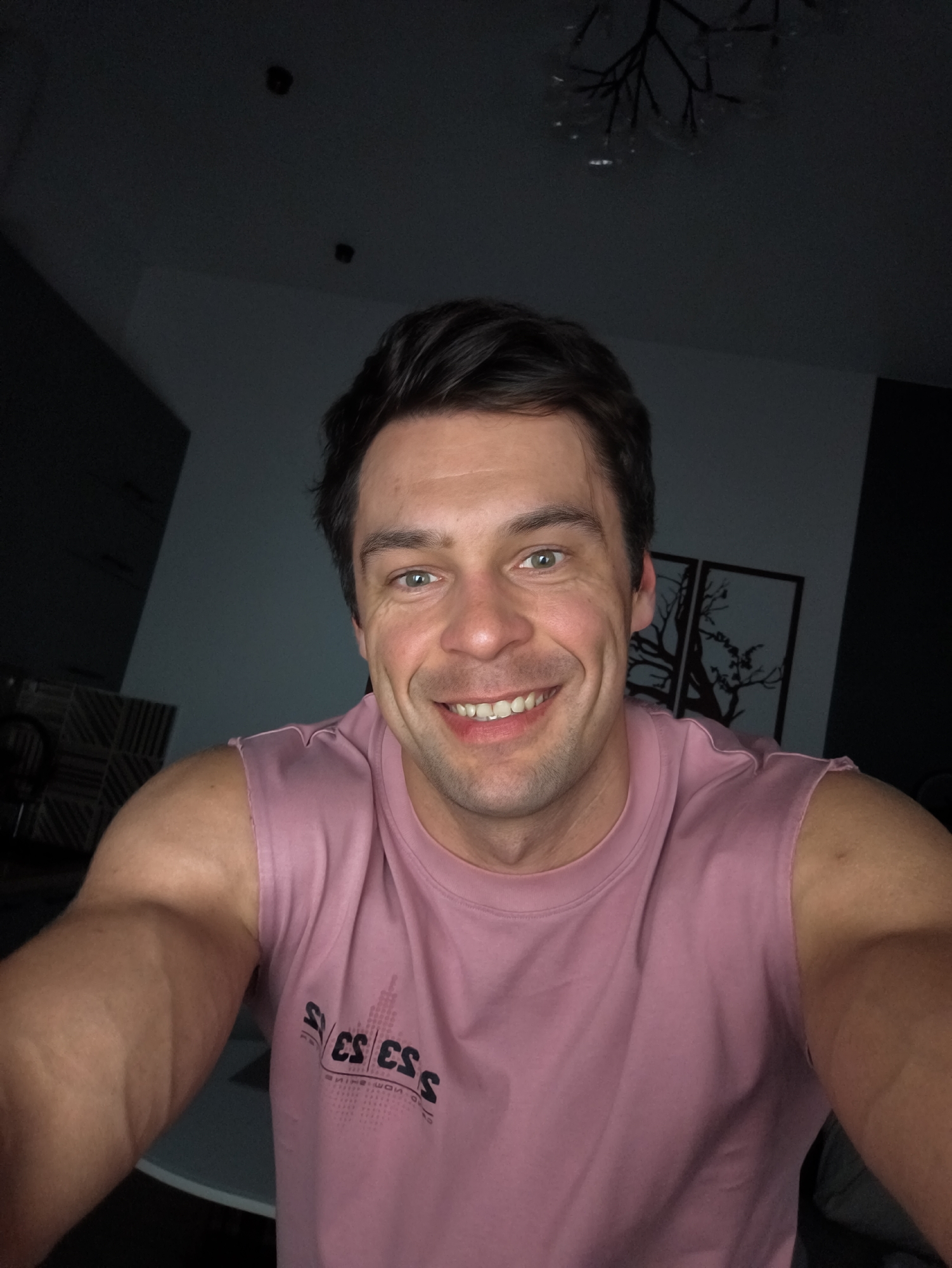 A fair-skinned man with short, dark hair and green eyes is smiling at the camera. He is wearing a pink sleeveless shirt. The background is dimly lit, with a light gray wall and two framed pictures visible behind him. A light fixture is visible on the ceiling. While it's not possible to determine the location in Moscow, Russia without more context, the scene appears to be indoors, likely in an apartment or home.