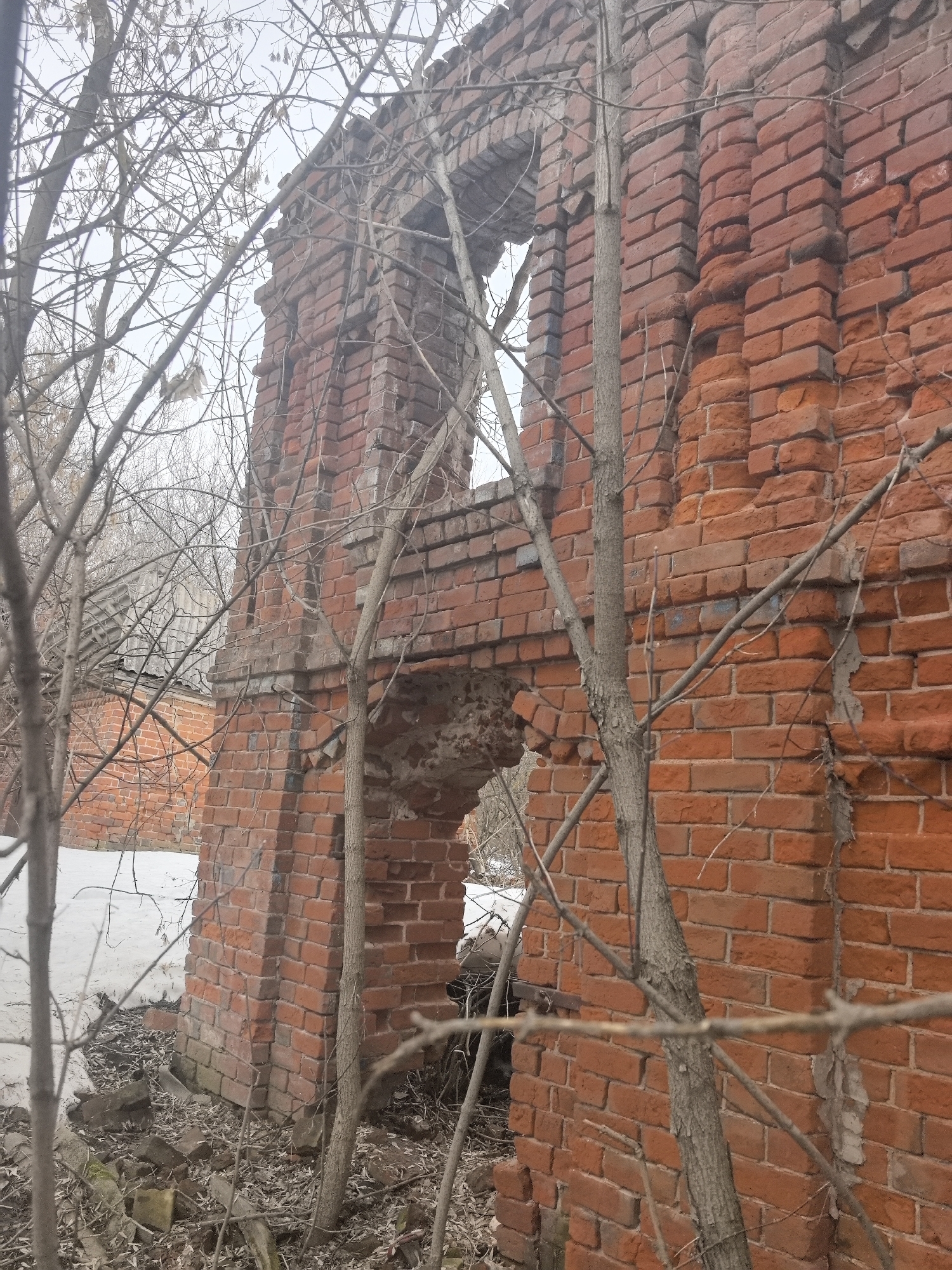 The image depicts the ruins of a brick building in what is inferred to be Tolba, Russia, based on the prompt's specifications. The structure is largely deteriorated, with exposed brickwork and visible damage. A decaying archway and window opening are evident. Bare trees and branches obscure parts of the structure. There is a scattering of debris on the ground and patches of snow visible in the surrounding area. No people or animals are visible.