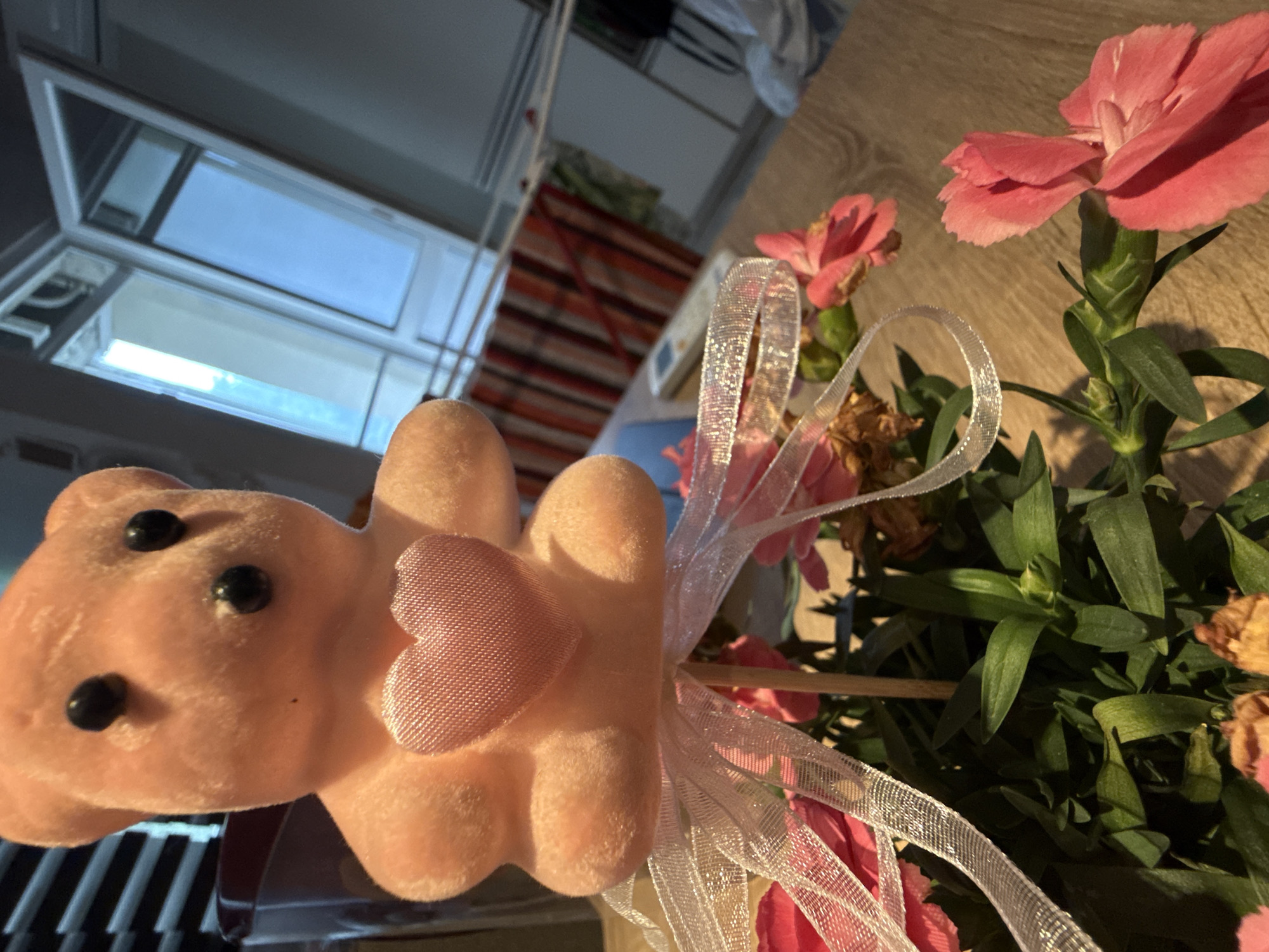 The image shows a close-up of a small, pink teddy bear with a heart attached to its body. The bear is positioned next to a bouquet of pink carnations with green foliage. A sheer, patterned ribbon is tied around the arrangement. In the background, there's a blurred view of a window, a radiator, and other furniture. The presence of a radiator and the style of the window and interior furnishings suggest a residential setting. The image was likely taken indoors. There is no evidence in the image to indicate it was taken in Plovdiv, Bulgaria.