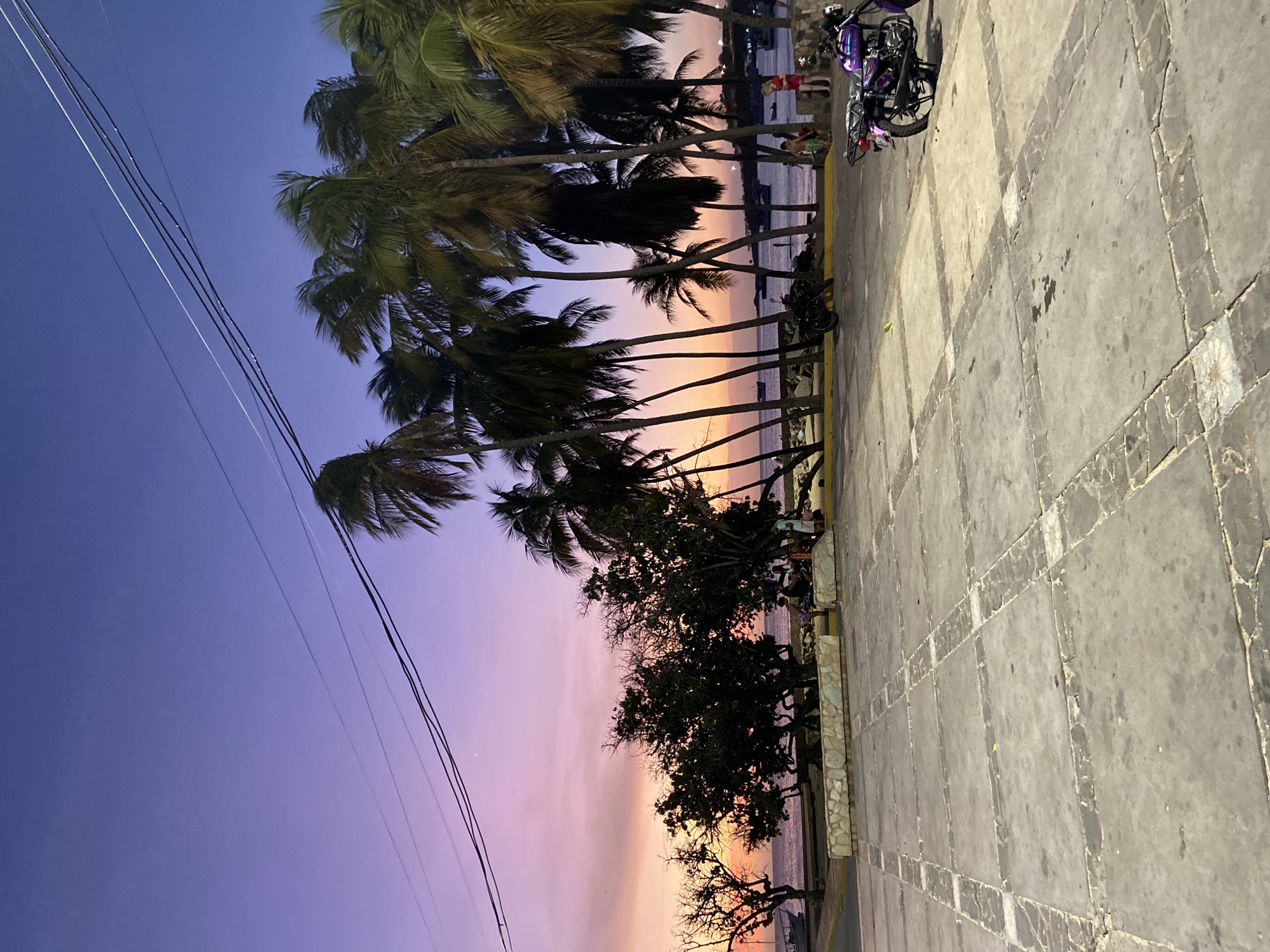 The image shows a view of the beachfront in Juan Griego, Venezuela during a sunset. The sky transitions from purple to orange. Palm trees line the beach with people visible between the trees. There is a motorcycle parked on the tiled promenade next to the beach. Utility lines are visible on the left of the frame.