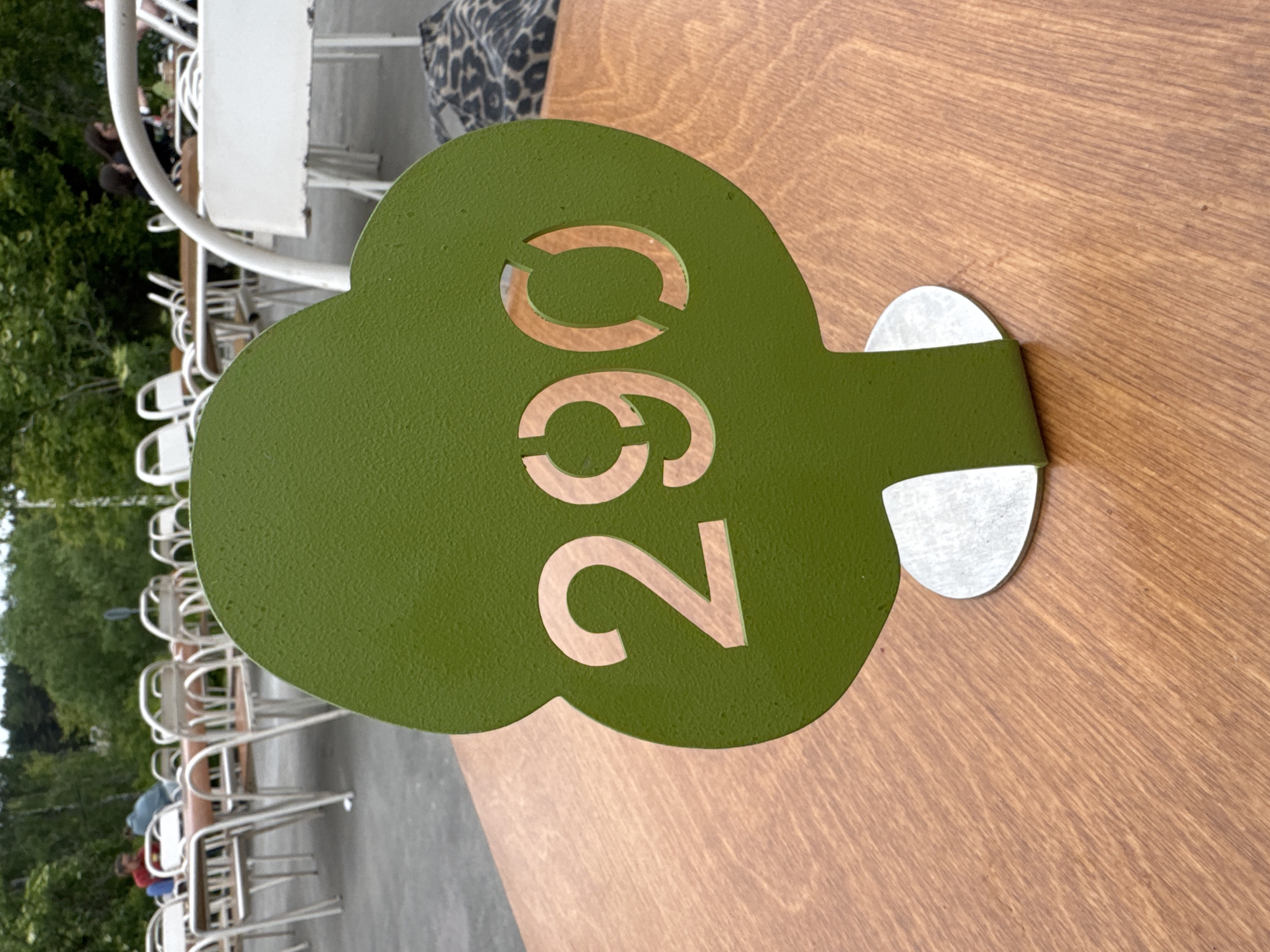 The image, rotated 90 degrees clockwise, captures a close-up of a green, stylized tree-shaped table number on a wooden table in an outdoor café setting. The green sign, which appears to be made of textured metal or a matte painted material, has the number "260" cut out from its center, revealing the wooden table surface beneath. It stands upright on a small, metallic silver base.
In the background, an outdoor dining area is visible with numerous white-framed chairs and light-colored wooden tables arranged on a paved surface. Several people are seated at the tables or moving around, enjoying the open-air environment. Further in the background, lush green trees and foliage suggest a park or natural area surrounding the café.
The lighting indicates daytime, with soft illumination creating a relaxed atmosphere. No specific weather conditions are discernible, but the outdoor setup suggests fair weather. The scene depicts a casual gathering at what appears to be a restaurant or café. The location is stated to be Moscow, Russia.