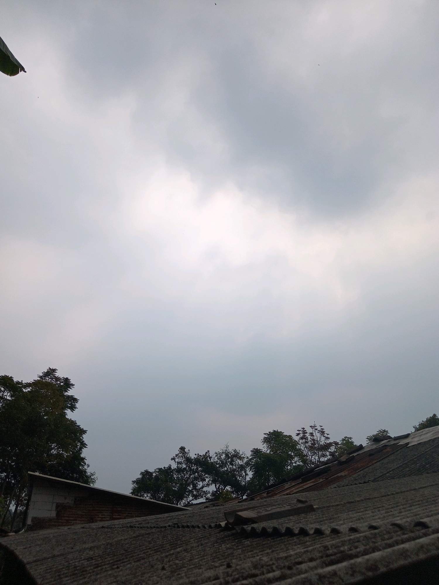 The image captures a low-angle view of a cloudy sky above a few houses and trees. The foreground is dominated by a corrugated metal roof, showing signs of age and weathering. To the left, a portion of a house wall made of brick and concrete is visible, topped by a sloped roof. In the background, lush green trees with dense foliage line the horizon, interspersed with more rooftops. The sky is overcast with diffused light, suggesting it is either early morning, late afternoon, or a heavily clouded day. The scene appears to be set in a rural or semi-rural area. While the image provides a glimpse of the environment, no people or specific actions are depicted.