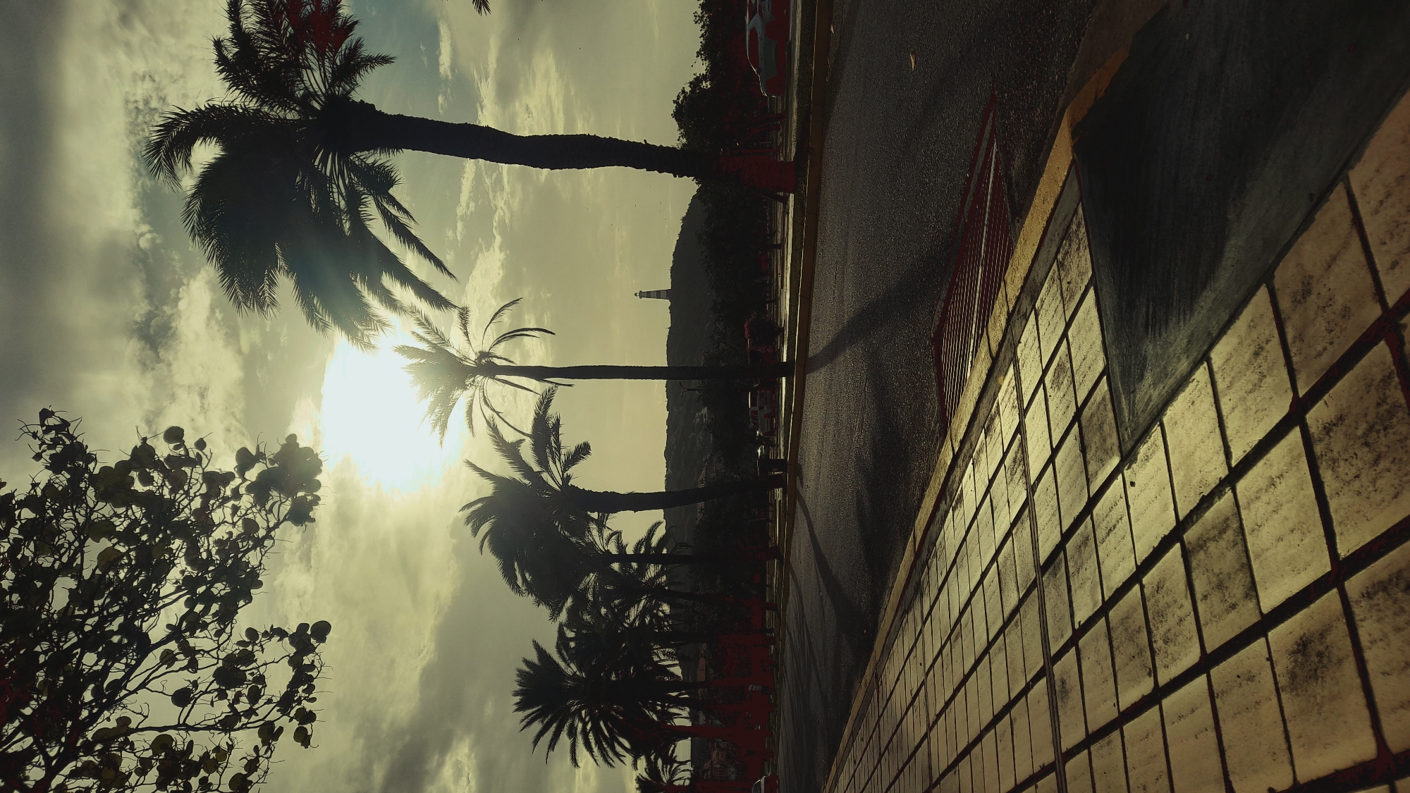 The image depicts a street scene in Pedro González, Venezuela, during what appears to be a bright, possibly overcast, day. The foreground features a tiled sidewalk with prominent shadows cast by an unseen object or objects, suggesting a low sun angle. To the right of the sidewalk is a paved road with a yellow curb. A row of silhouetted palm trees lines the street, with some appearing to be young and others mature and tall. In the background, a lighthouse stands atop a hill, indicating a coastal or elevated geographical feature. The sky is filled with clouds, through which the sun is peeking, creating a hazy and somewhat diffused light. There are some vehicles visible on the road, and a tree with leaves and branches is silhouetted in the upper left portion of the image. The overall impression is one of a tropical, urban coastal environment.