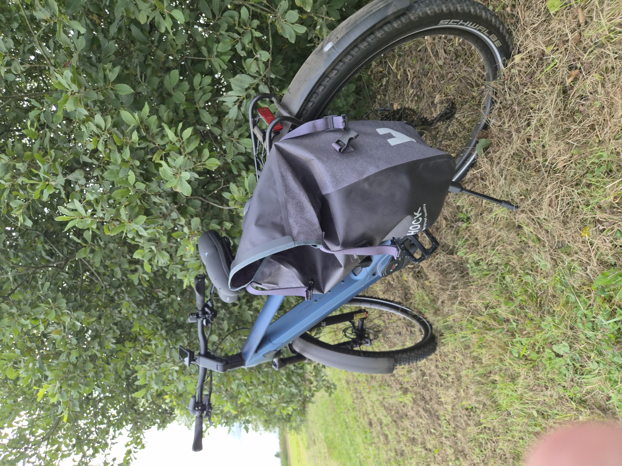 A blue electric bicycle is parked on a grassy area next to a thick green bush. The bicycle has a black rear pannier bag attached to its rack. The bag is dark gray and has the text "HOCK waterproof quality" printed on it. The front of the bicycle is facing left, and the rear wheel is towards the right of the frame. The background consists of the dense foliage of the bush and a field in the distance. The scene appears to be in Geestland, Germany.