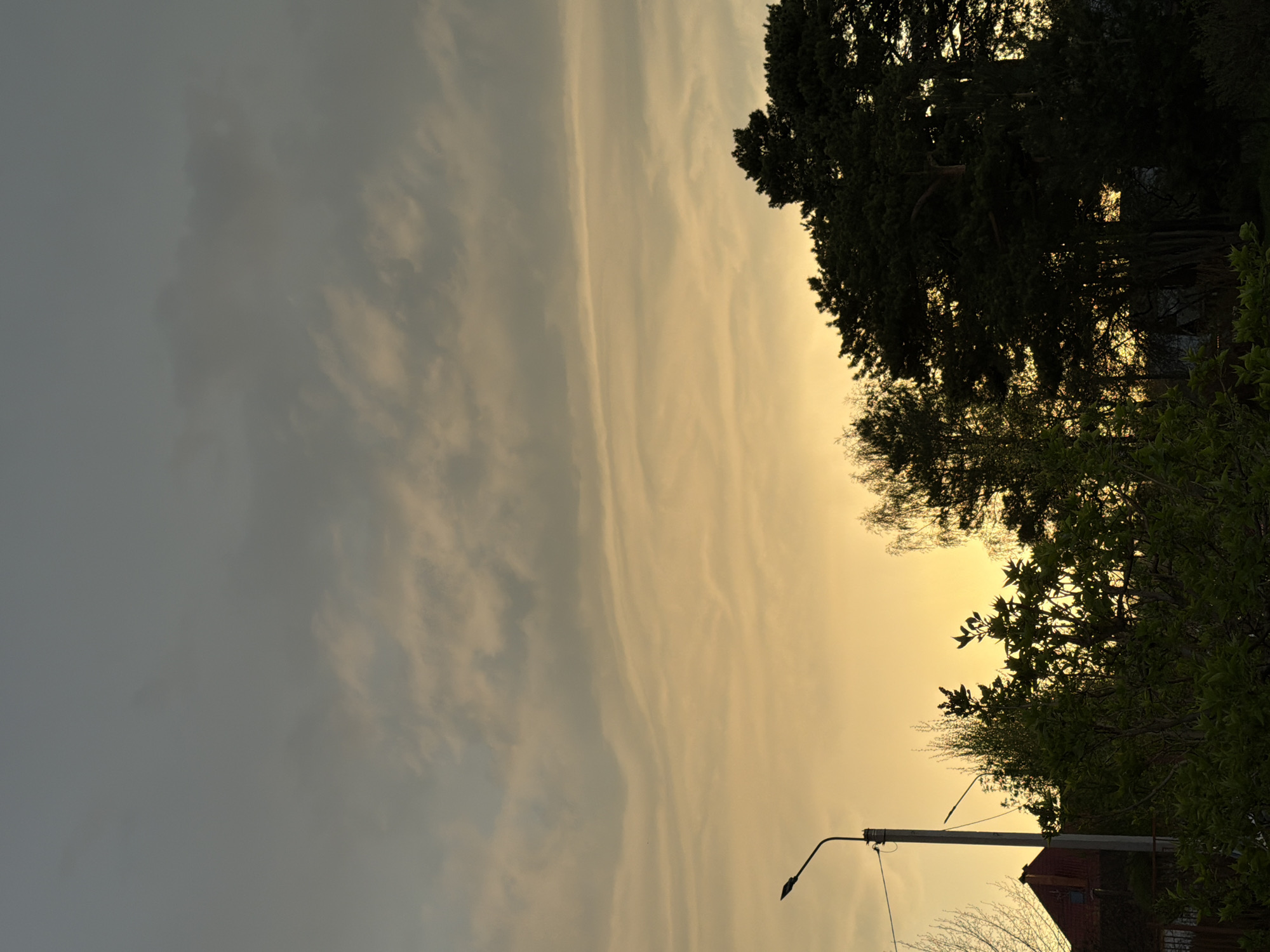 The image shows a view towards the horizon at dusk. The sky on the left side is mostly grey. Towards the right, the sky is golden colored. A street light and a building are visible at the bottom. A tree is silhouetted against the light on the top right of the image. The location appears to be a residential area.