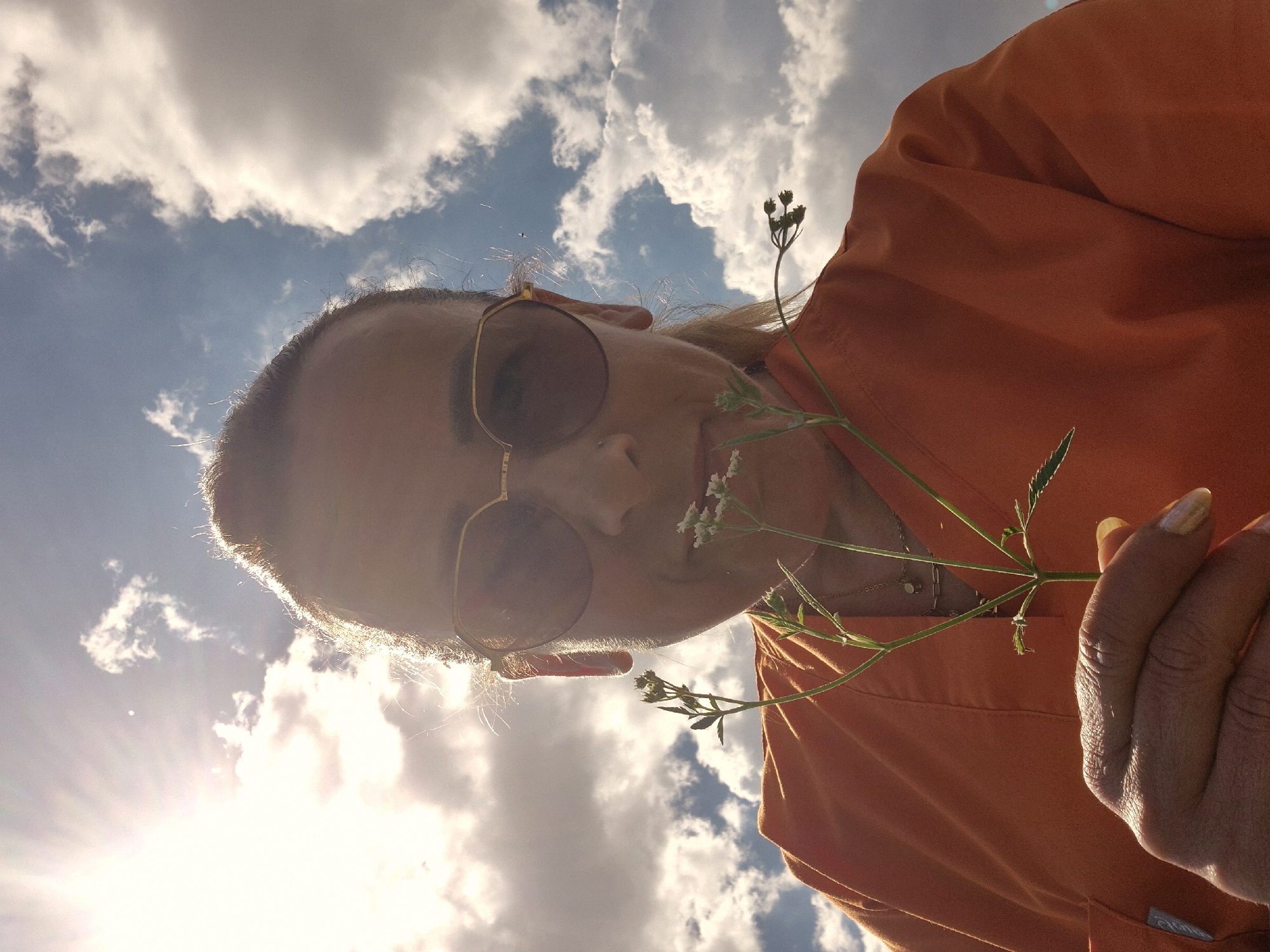 The image is a low-angle, outdoor, selfie-style shot of a person in an orange shirt against a cloudy blue sky. The person, viewed from below, is wearing sunglasses and holding a sprig of small white flowers and greenery. The sun is bright and casting a lens flare on the left side of the image. The person's face is partially obscured by the sunglasses and the angle. The hand holding the flowers has painted fingernails. The scene appears to be in a natural setting given the flowers and the sky. The bright sun and clouds suggest it is daytime, likely afternoon. The overall mood is serene and natural. There is no visible text in the image.