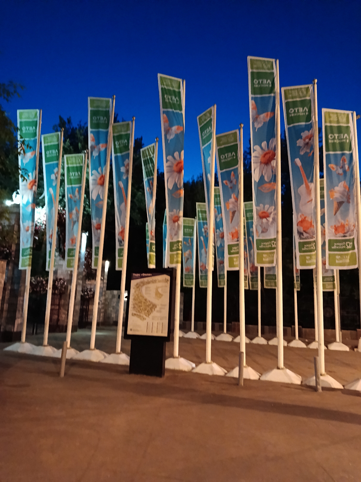 The image depicts an outdoor scene at dusk or night, illuminated by artificial lighting, likely in a public park. The main subjects are numerous tall, vertical flags or banners arranged in rows, lining a paved pathway or entrance. Each flag is attached to a white pole with a white, conical base.
The flags feature a consistent design: a light blue background adorned with white daisies or similar flowers and stylized orange figures resembling goldfish or possibly ice cream cones. At the top and bottom of each flag, there are green bands. The text visible on these bands appears reversed (as if viewed from the back of the flag), reading "OTBA" on the upper band and "P HOCKBE" on the lower band. When read correctly from the other side, this likely translates to "VETO" or "AVTO" and "В МОСКВЕ" (In Moscow).
In the center-right foreground, there is a dark brown or black information stand featuring a white sign. At the top of this sign, the text "Парк «Фили»" (Park "Fili") is clearly visible, with a map displayed below it. The background shows dark trees and foliage against a deep blue sky, indicating the time of day is evening or early night. No people are visible, suggesting a tranquil atmosphere. The overall arrangement of flags creates a welcoming or festive environment. The location is Fili Park in Moscow, Russia.