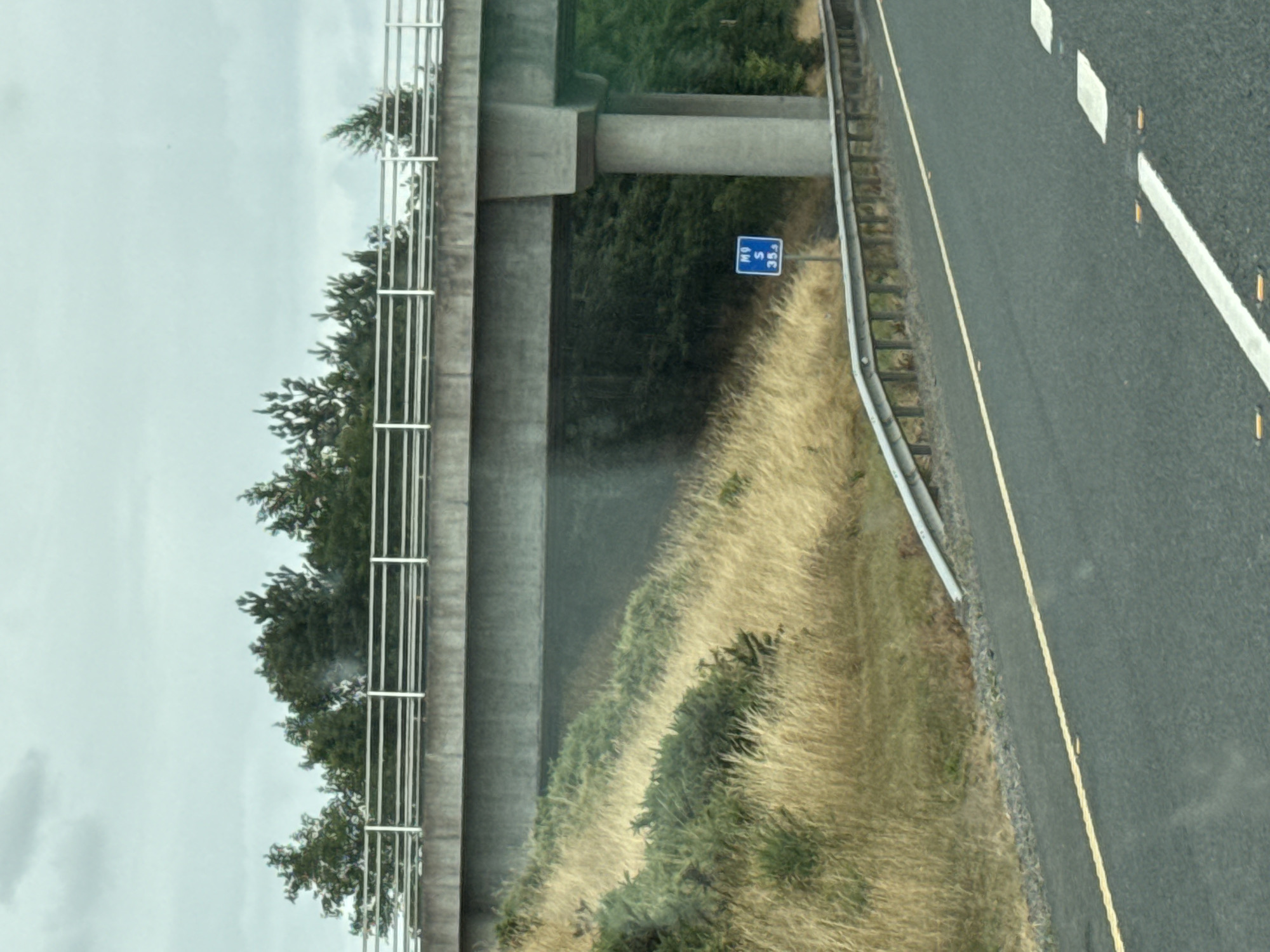 This is an eye-level, wide-angle, exterior shot of an overpass and road in Ballyburn, Ireland. The sky is overcast and cloudy. The overpass is made of concrete and supported by thick pillars. A white metal railing runs along the top of the overpass. The embankment leading up to the overpass is covered in dry, golden grass and green bushes. A small blue and white sign is visible on a pillar of the overpass, with the text "N1 S 35.3" on it. A metal guardrail runs alongside the road, which is paved in asphalt and marked with a yellow line and reflective white road studs. The scene is empty of people.