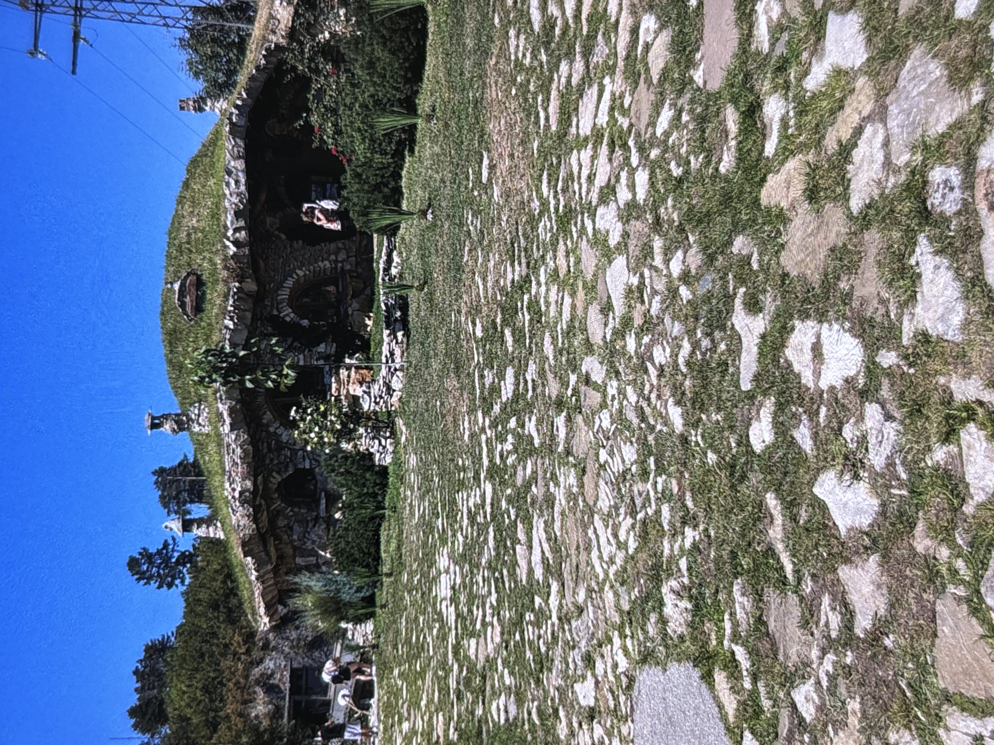 This image captures an outdoor scene featuring a unique, grass-covered building or grotto under a bright blue sky. In the foreground, a rustic pathway made of irregularly shaped flagstones with vibrant green grass growing between them extends towards the central structure.
The main subject is a dome-shaped, stone-built edifice with multiple rounded archways and openings. Its roof is entirely covered in lush green turf, giving it the appearance of a hobbit-house or an elaborate folly blending into the landscape. Green foliage and small bushes grow around and on the structure. A small, stone chimney-like feature is visible on the grassy roof. Within one of the arched recesses, a figure, possibly a person or a mannequin dressed in light clothing, is seated. Further back and higher on the grassy slope, a white, indistinct figure, potentially a statue, can be seen amidst some trees.
The background consists of a clear, expansive blue sky. In the upper left portion of the frame, high-voltage power lines and a metallic pylon are visible against the sky. The overall impression is one of a sunny day. No discernible text is visible within the image. The setting suggests a landscaped garden or park, possibly located in Wolverhampton, United Kingdom.