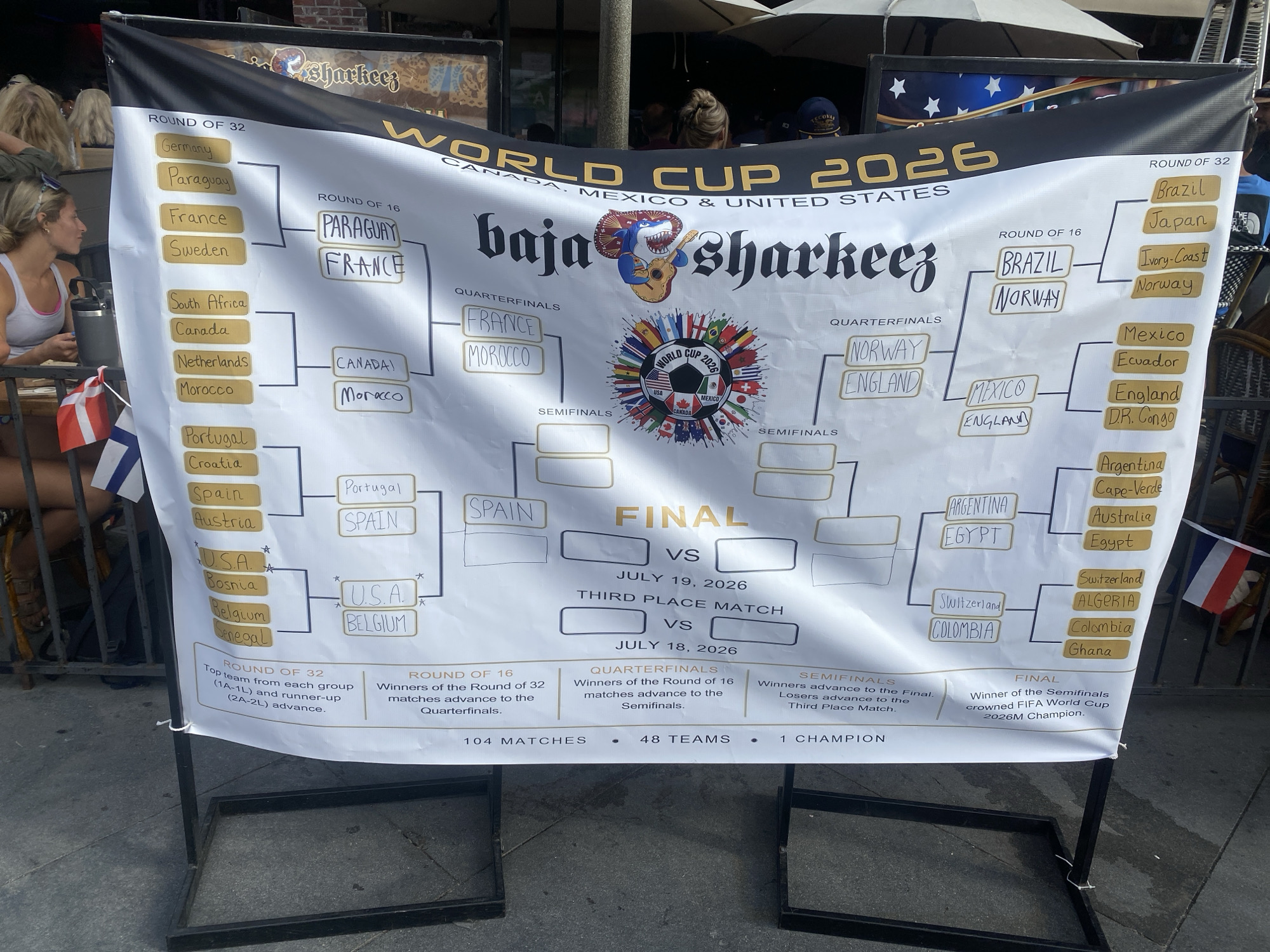 The image shows a large World Cup 2026 bracket poster displayed outdoors, likely on a street in Hermosa Beach, California, United States. The poster is supported by a black metal stand. The poster has a black border with "WORLD CUP 2026 CANADA, MEXICO & UNITED STATES" printed in gold text at the top. Below this, the text "baja sharkeez" is written in a decorative font, accompanied by a cartoon shark wearing a sombrero and playing a guitar. The bracket itself is divided into rounds: Round of 32, Round of 16, Quarterfinals, Semifinals, and Final. Several countries are listed in the Round of 32, with some advancing to later rounds. For example, Germany, Paraguay, France, and Sweden are in the top left quadrant, with Paraguay and France advancing to the Round of 16. On the right side, Brazil, Japan, Ivory Coast, and Norway are listed, with Brazil and Norway advancing to the Round of 16.
In the foreground on the left, a woman with blonde hair is visible, wearing a white tank top. She is looking towards the right, away from the camera. Two small flags, one red and white, and another white, red, and blue, are attached to the metal stand on the left. The background shows an outdoor seating area with tables and umbrellas, suggesting a restaurant or bar setting. Some people are visible in the background, but their faces are not clearly discernible. The ground appears to be concrete or pavement. The poster details the schedule for the Final (July 19, 2026) and the Third Place Match (July 18, 2026), along with information about the number of matches and teams.