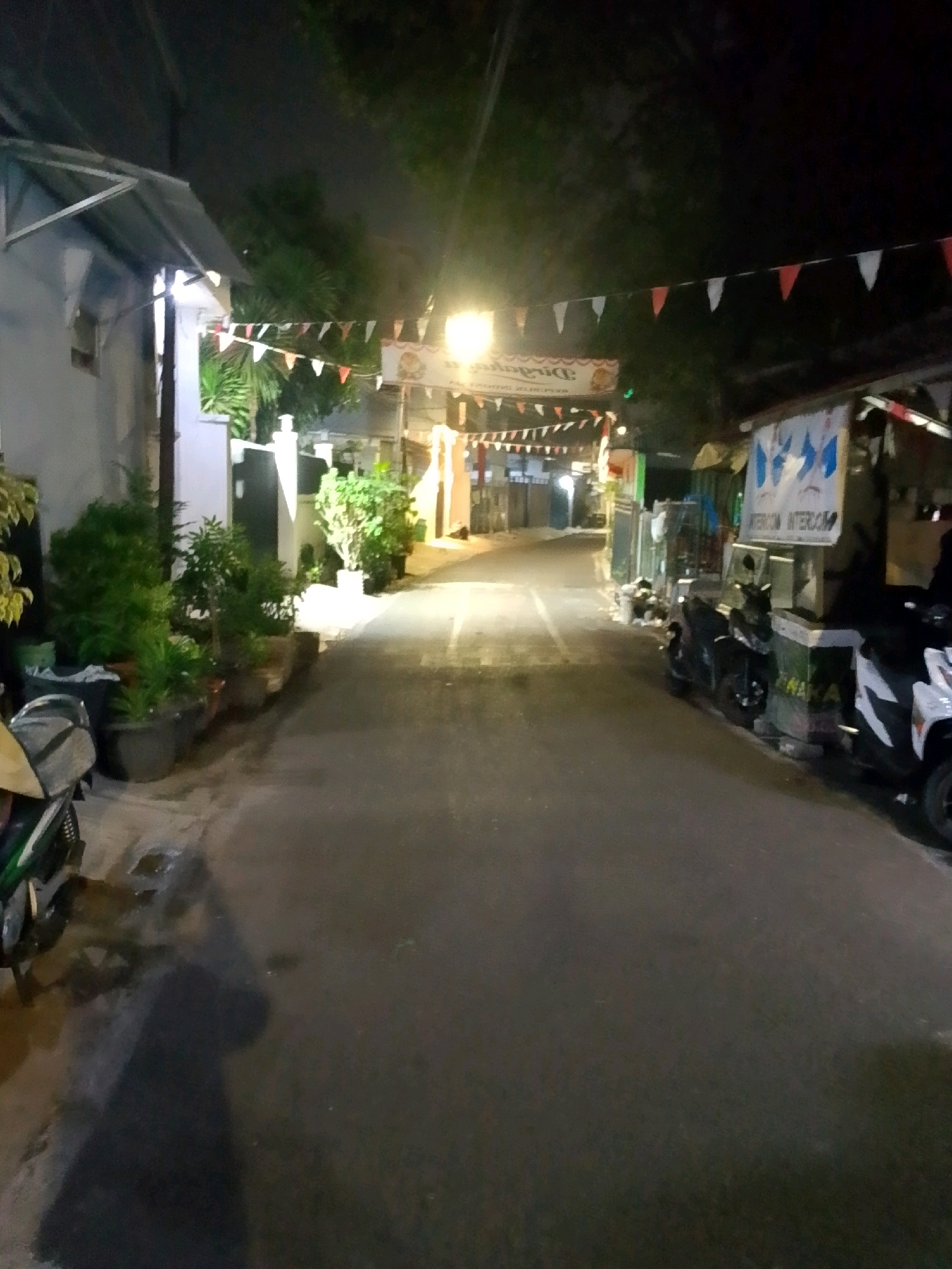 The image depicts a street scene at night in East Jakarta, Indonesia. The street is paved and appears to be a residential or commercial area. Bunting with red and white triangular flags is strung across the street. There are buildings on both sides of the street, some with awnings. Plants in pots are visible along the left side of the street, and there are parked motorcycles on the right side. One motorcycle in the foreground on the left is partially visible, and a shadow of a person is cast on the street in the foreground. There are also streetlights illuminating the scene, creating reflections on the wet pavement in some areas. A food stall or shop with a sign is visible on the right side of the street. The overall impression is that of a quiet, nighttime street in an Indonesian urban setting.