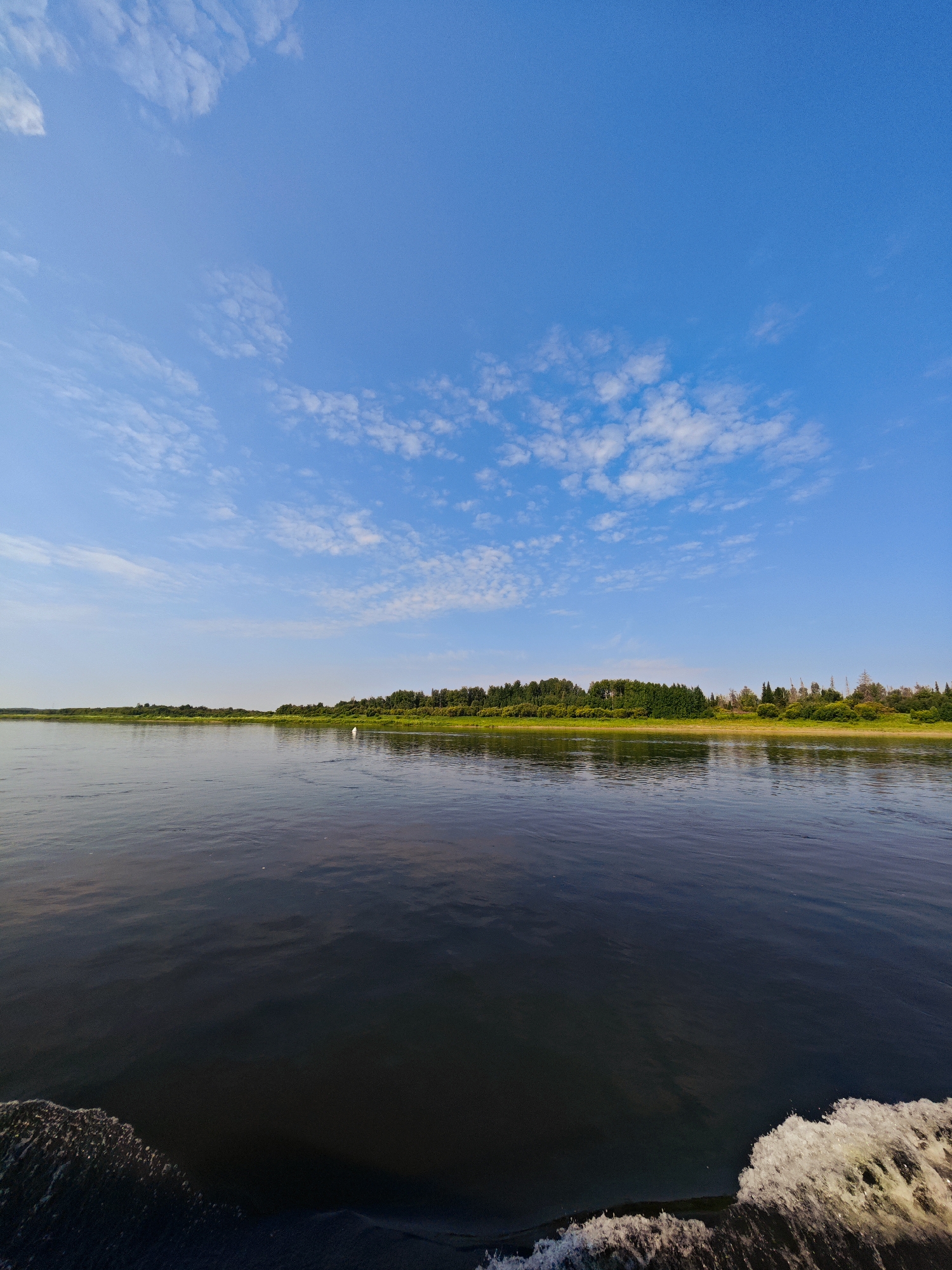 The image depicts a wide, dark river on a clear day. A dense line of green trees and vegetation forms the distant shore. The sky is a vibrant blue, with scattered white clouds. In the middle distance on the water, there is a single white object that appears to be a bird or a buoy. The foreground shows the wake of a boat, with foamy white water churned up. The scene is serene and natural, suggesting a peaceful setting. This could be the Oka River in the vicinity of Novonazimovo, Russia, known for its scenic beauty and recreational opportunities.